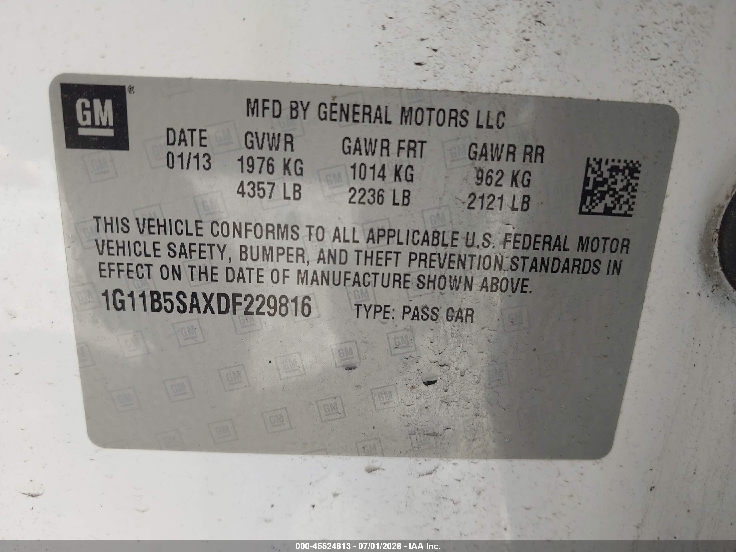 2013 Chevrolet Malibu 1ls White vin: 1G11B5SAXDF229816