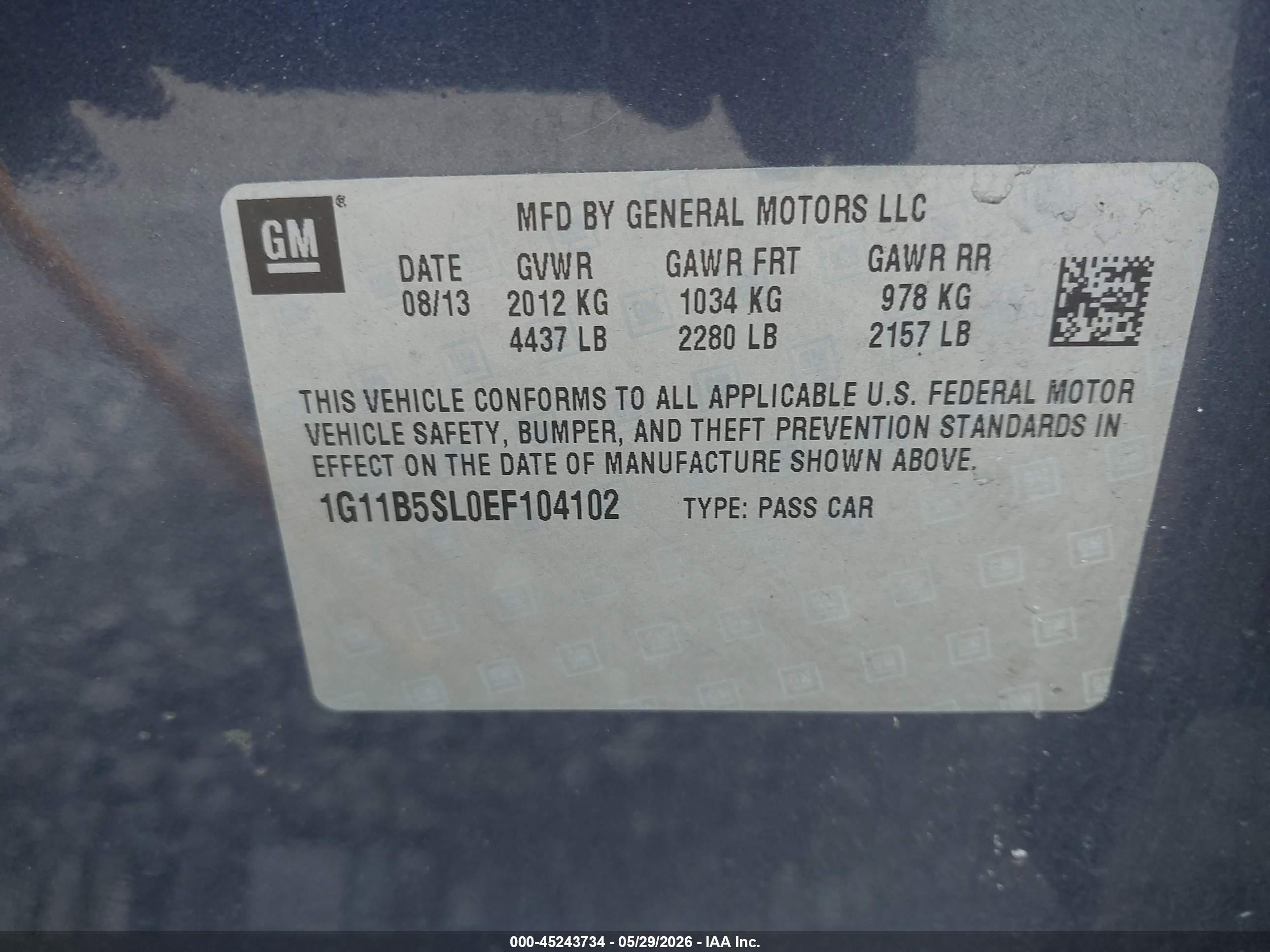 2014 Chevrolet Malibu 1ls Синий vin: 1G11B5SL0EF104102