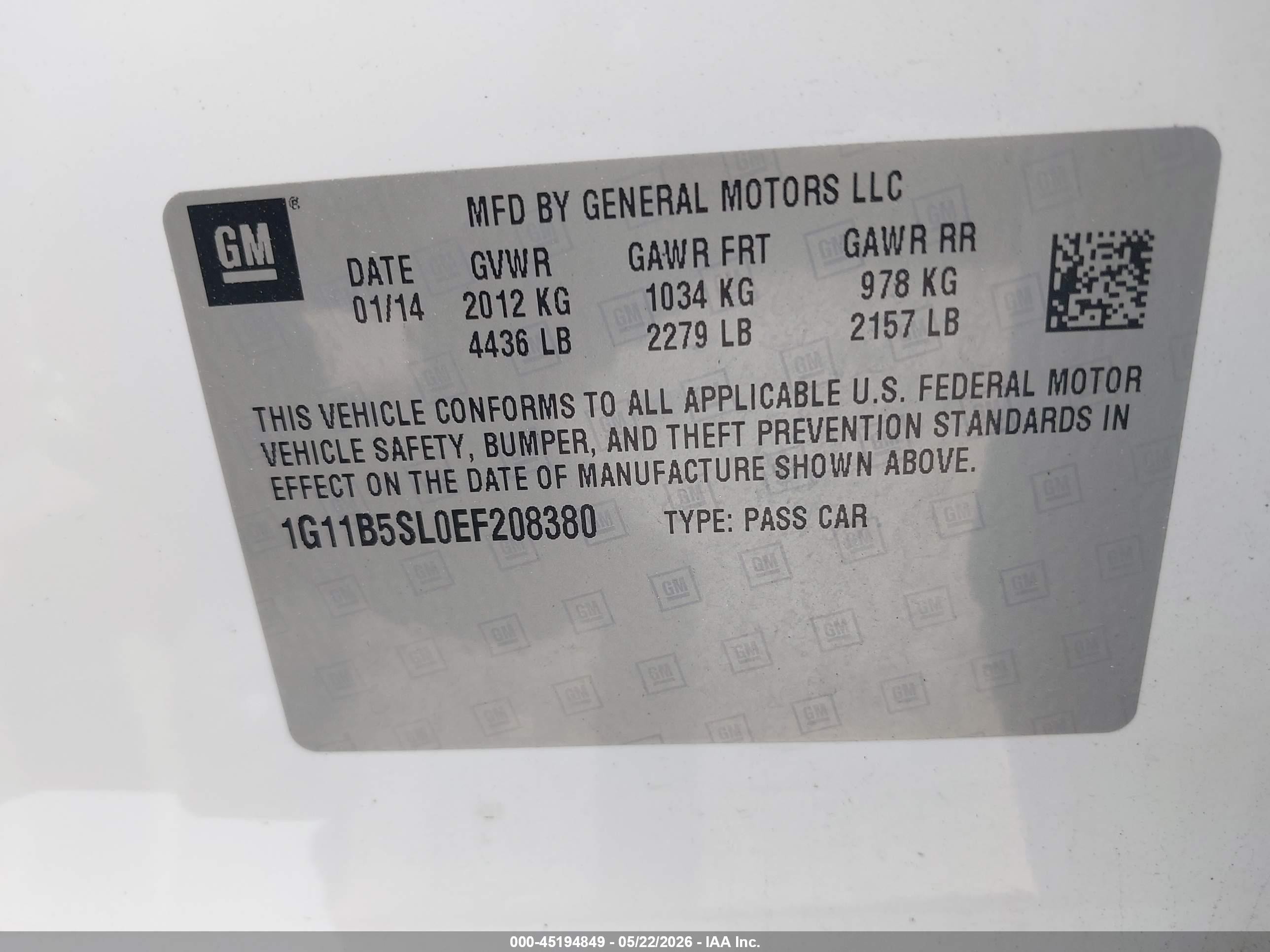 2014 Chevrolet Malibu 1ls White vin: 1G11B5SL0EF208380