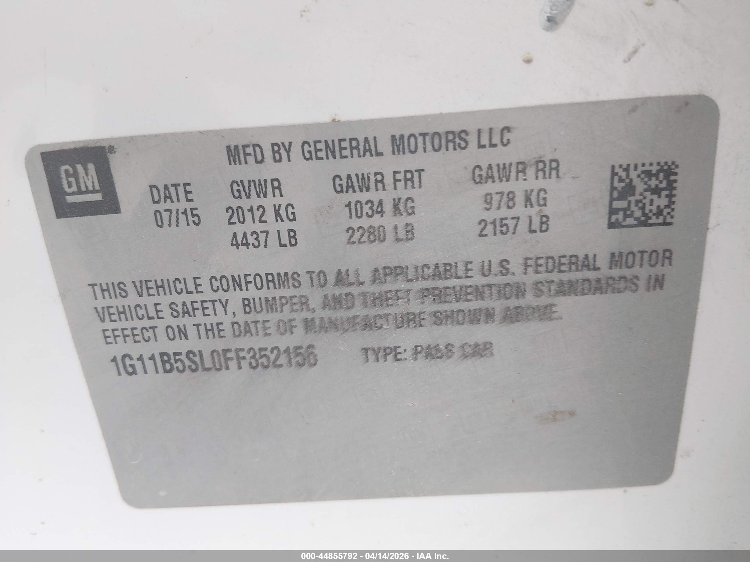 2015 Chevrolet Malibu Ls White vin: 1G11B5SL0FF352156