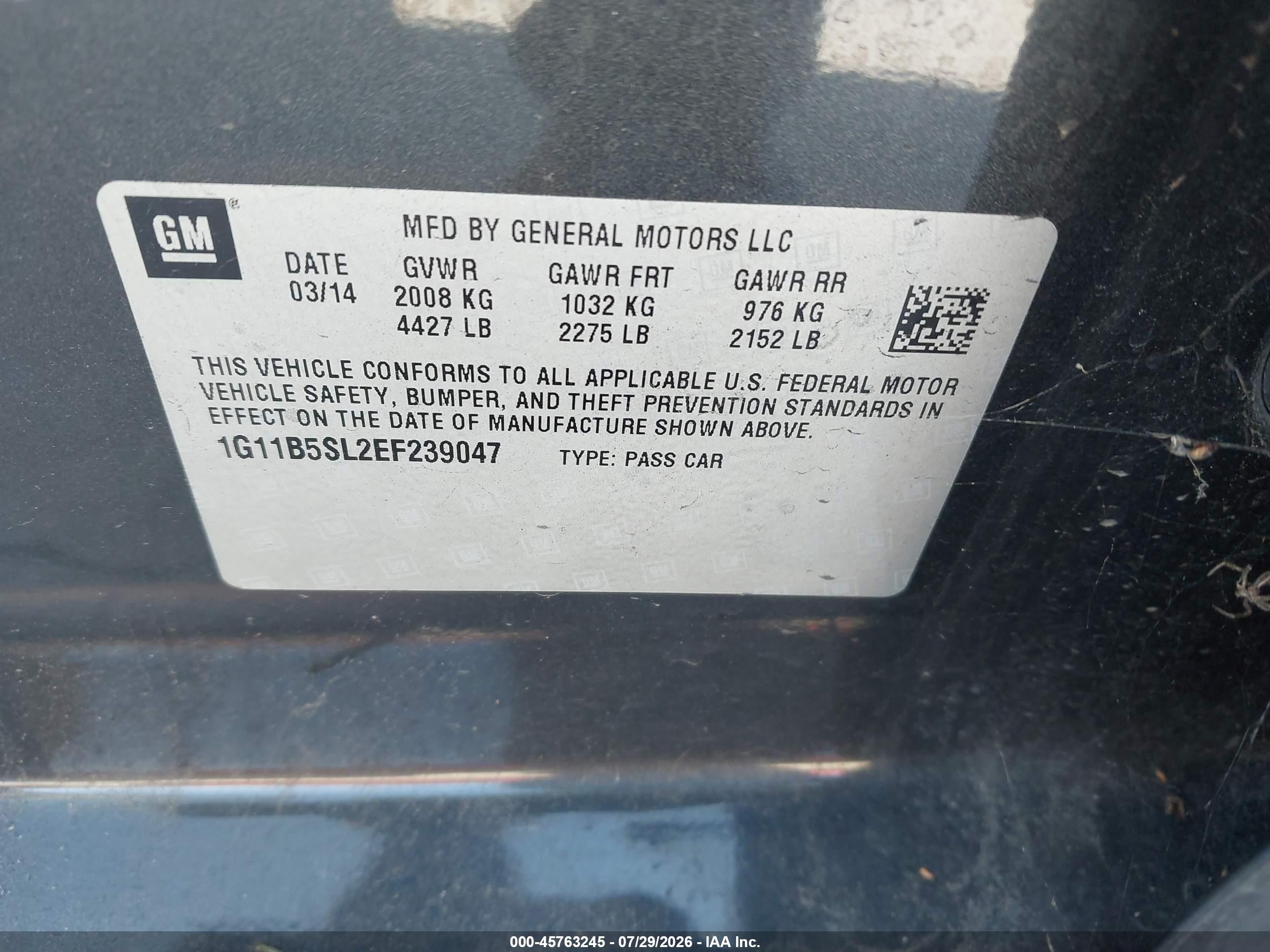 2014 Chevrolet Malibu 1ls Серый vin: 1G11B5SL2EF239047