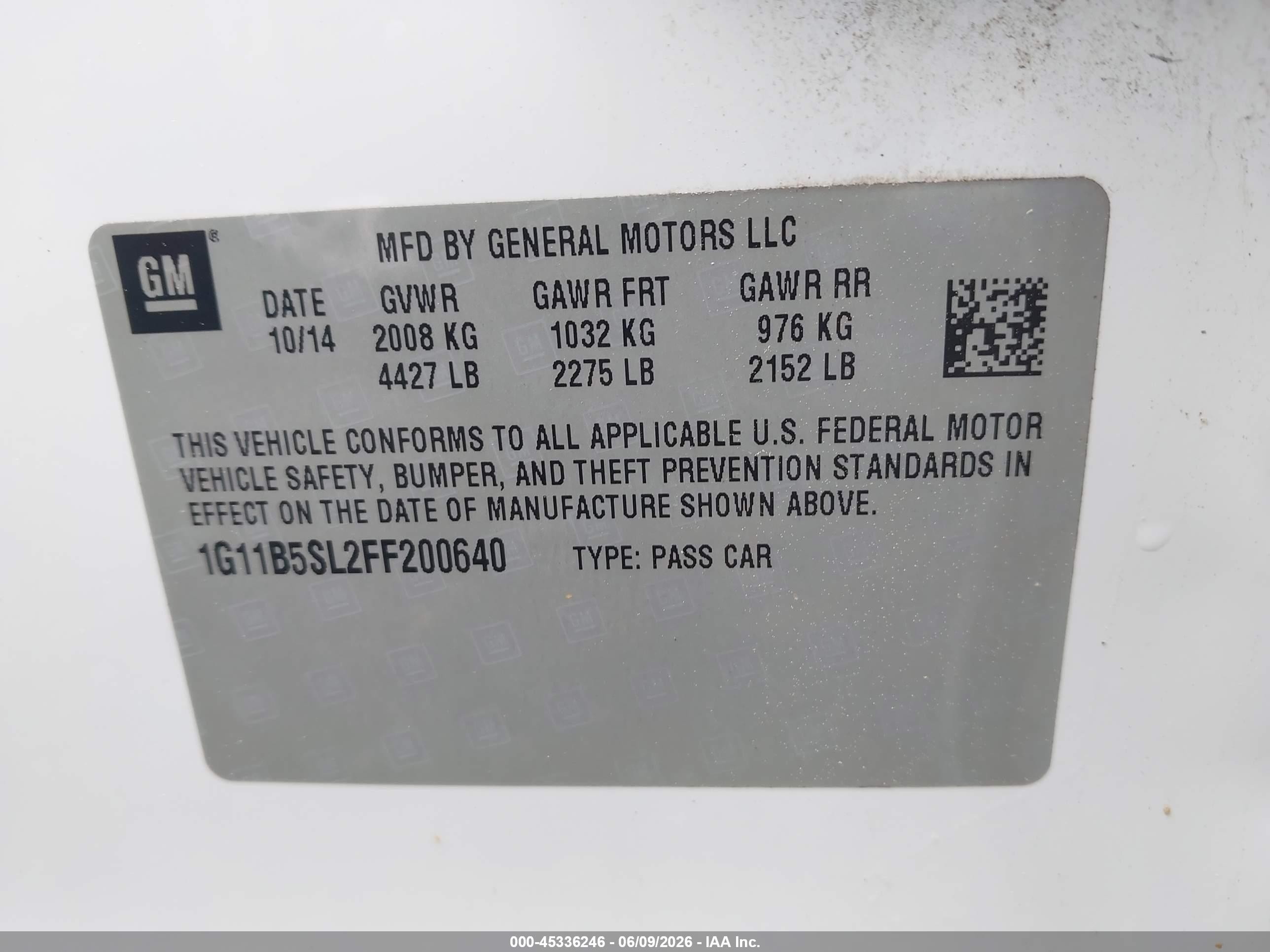 2015 Chevrolet Malibu Ls White vin: 1G11B5SL2FF200640