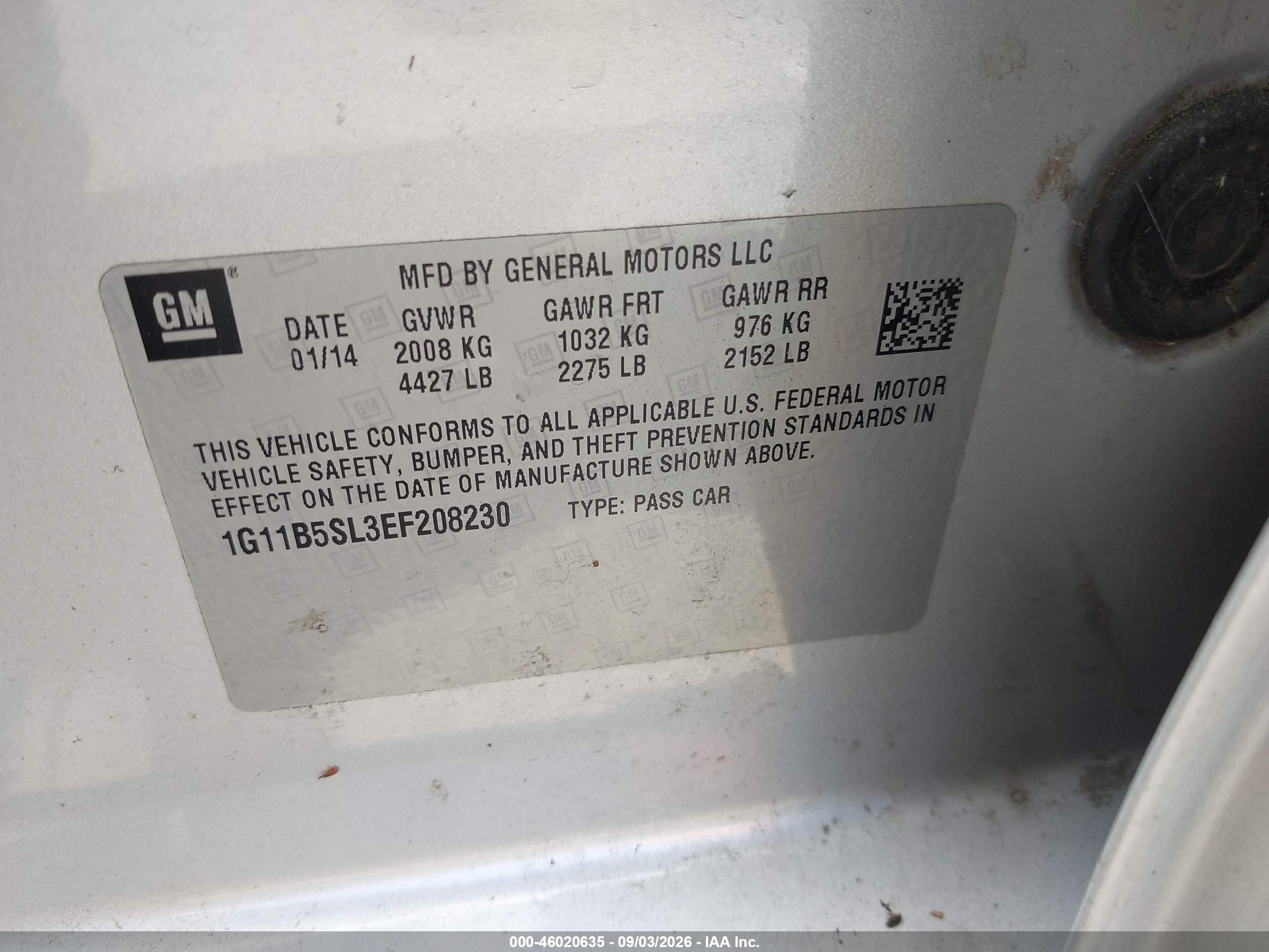 2014 Chevrolet Malibu 1ls Серый vin: 1G11B5SL3EF208230