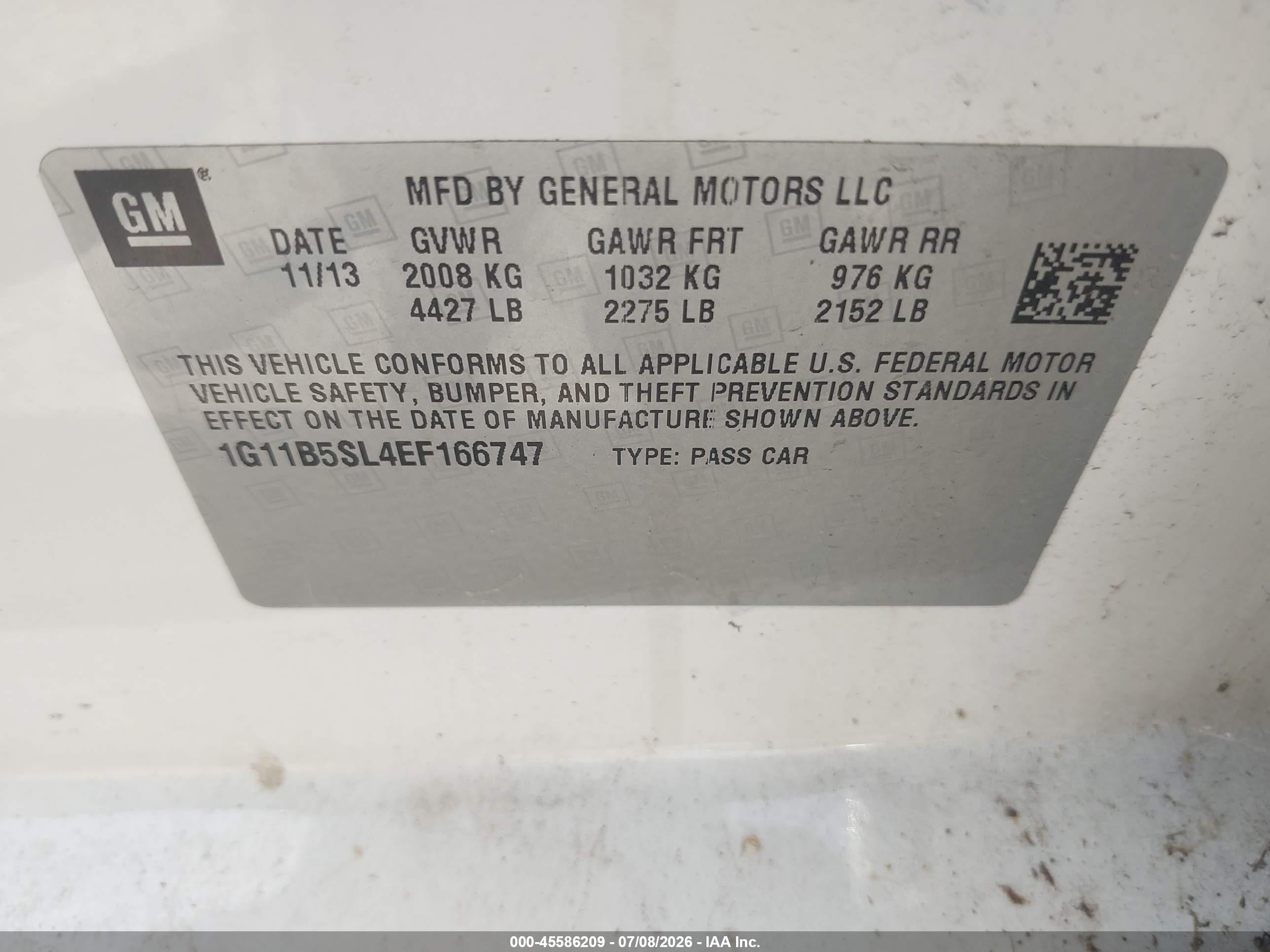 2014 Chevrolet Malibu 1ls White vin: 1G11B5SL4EF166747