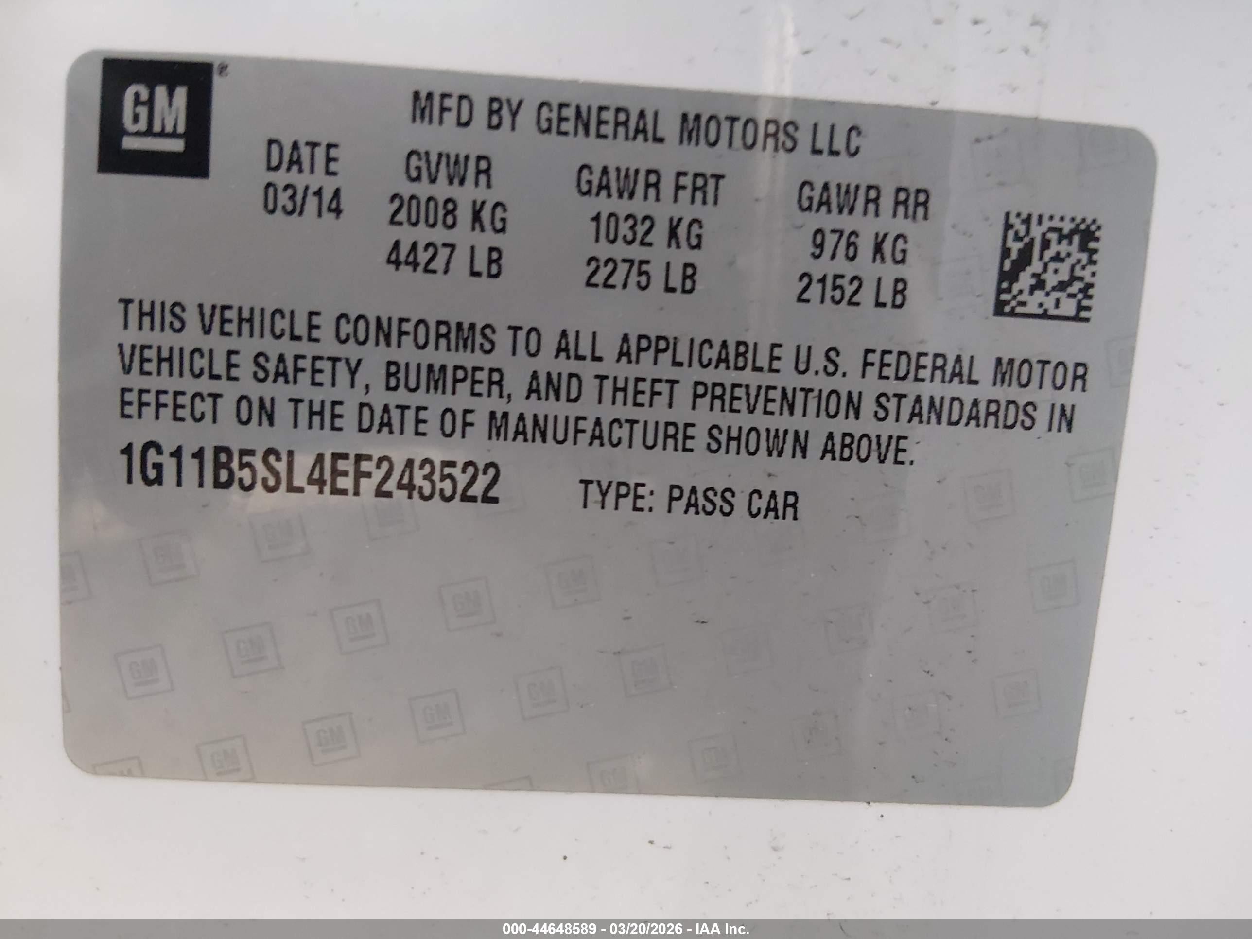 2014 Chevrolet Malibu 1ls White vin: 1G11B5SL4EF243522