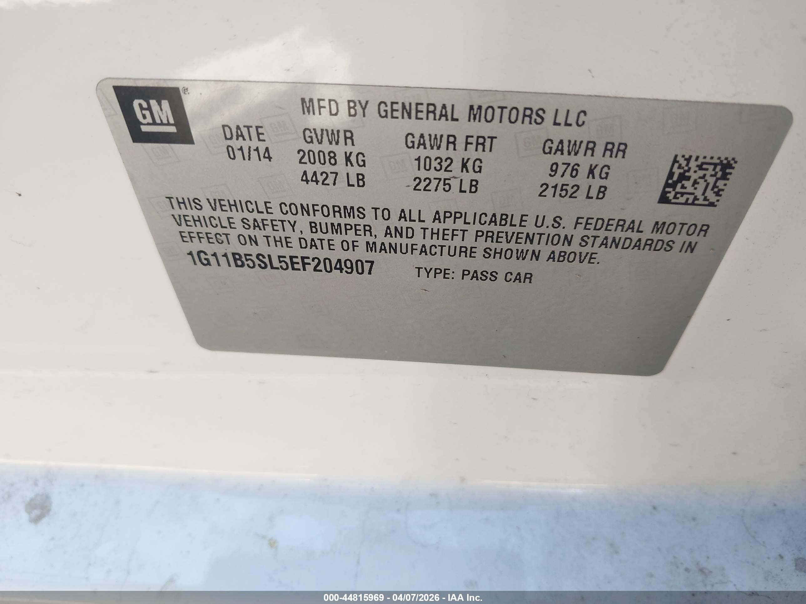 2014 Chevrolet Malibu 1ls White vin: 1G11B5SL5EF204907
