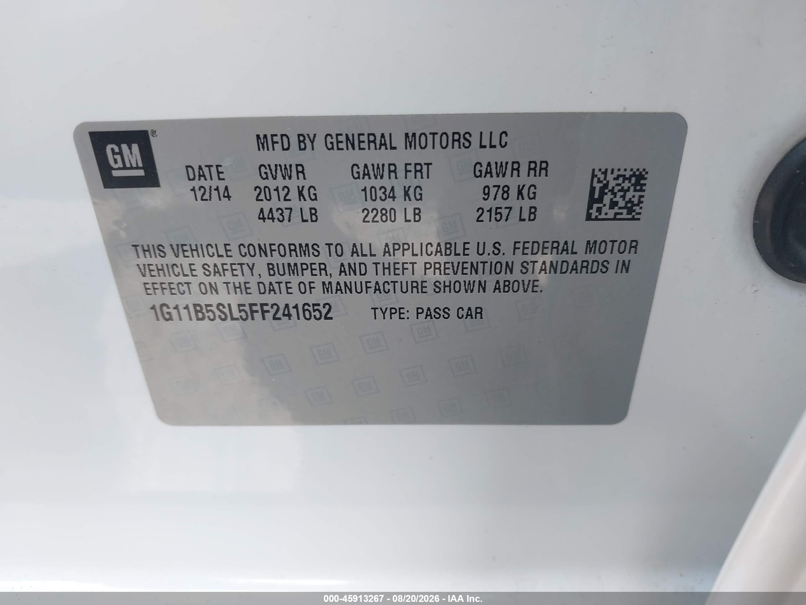 2015 Chevrolet Malibu Ls White vin: 1G11B5SL5FF241652