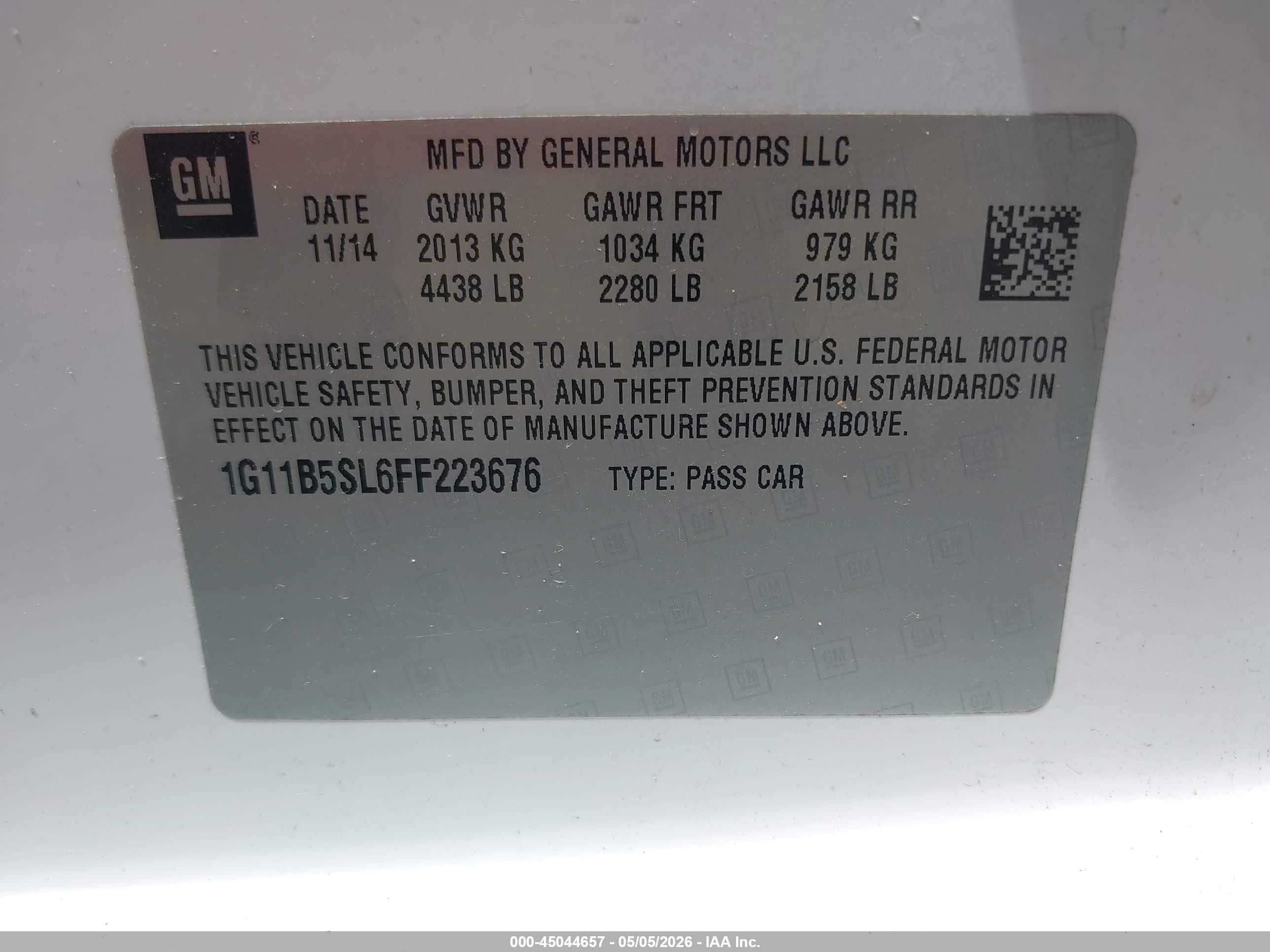 2015 Chevrolet Malibu Ls Белый vin: 1G11B5SL6FF223676