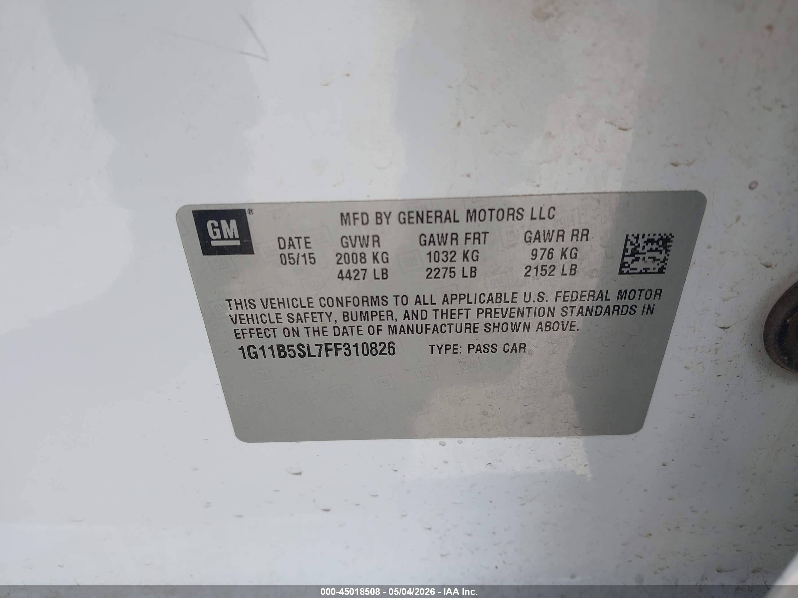 2015 Chevrolet Malibu Ls White vin: 1G11B5SL7FF310826