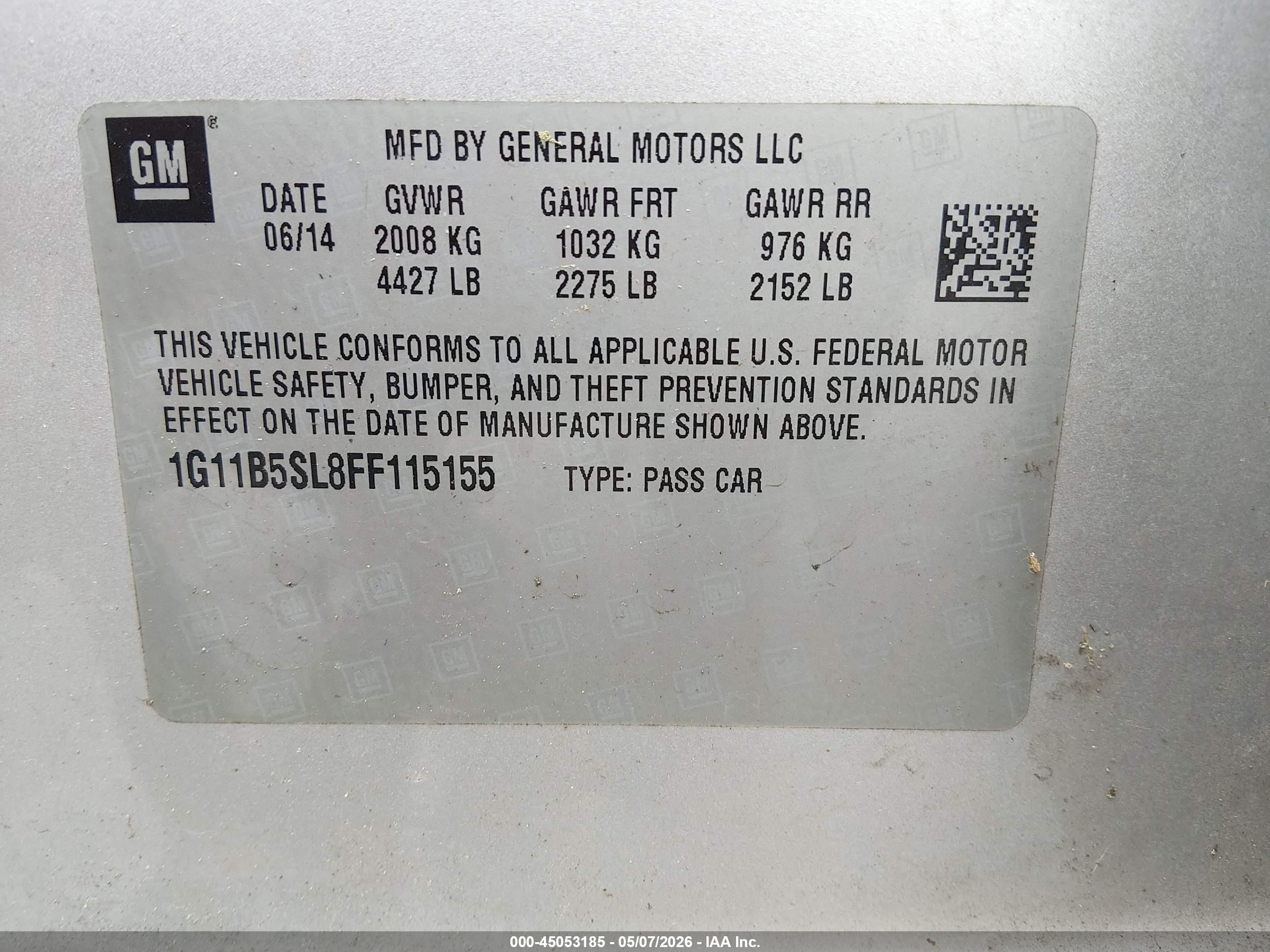 2015 Chevrolet Malibu Ls Gray vin: 1G11B5SL8FF115155