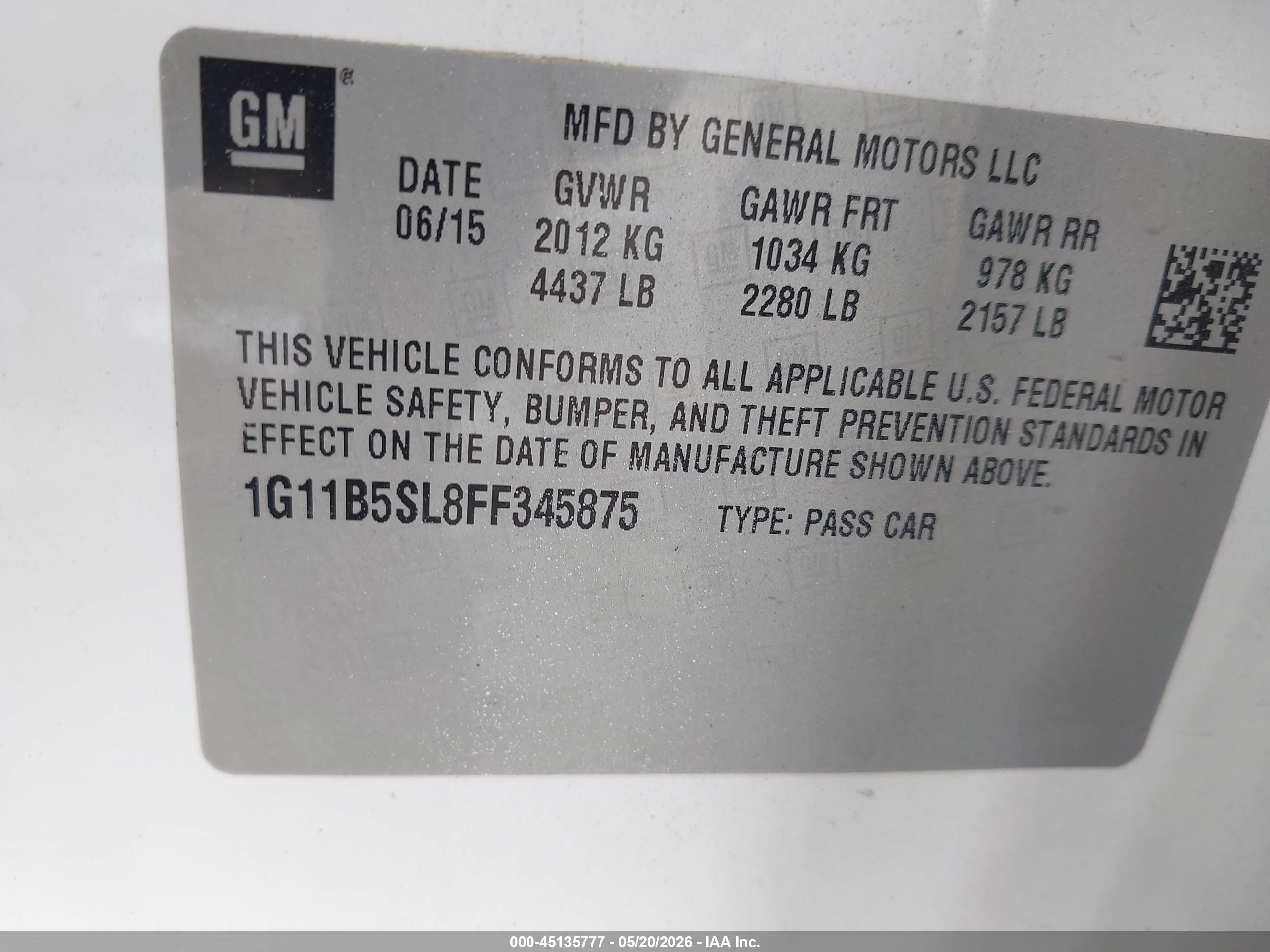2015 Chevrolet Malibu Ls White vin: 1G11B5SL8FF345875