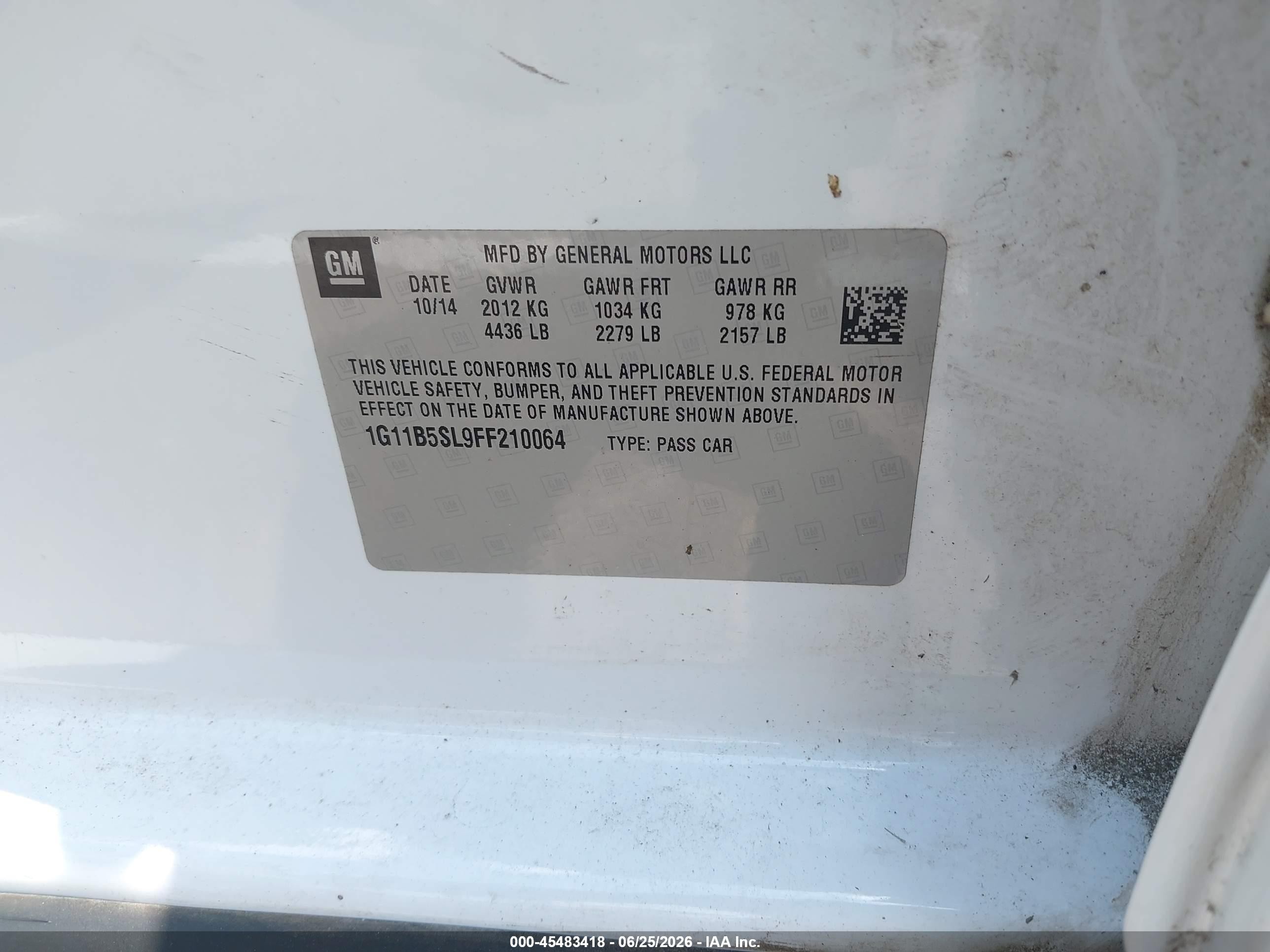 2015 Chevrolet Malibu Ls Белый vin: 1G11B5SL9FF210064