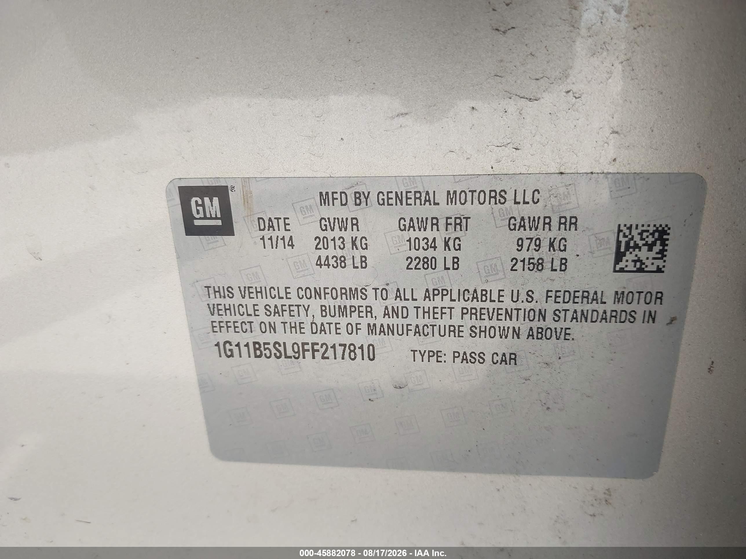 2015 Chevrolet Malibu Ls Champagne vin: 1G11B5SL9FF217810