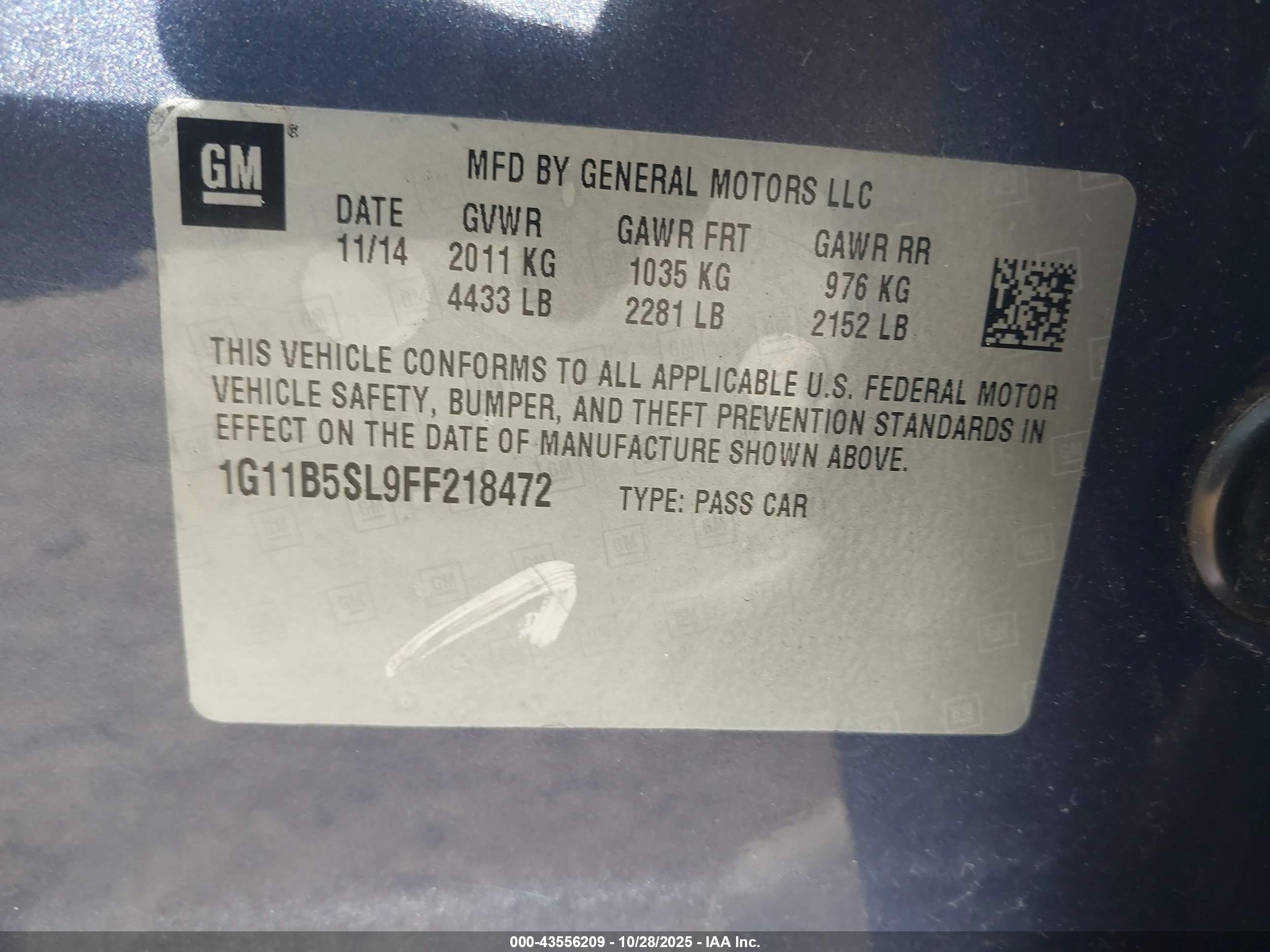 2015 Chevrolet Malibu Ls Blue vin: 1G11B5SL9FF218472