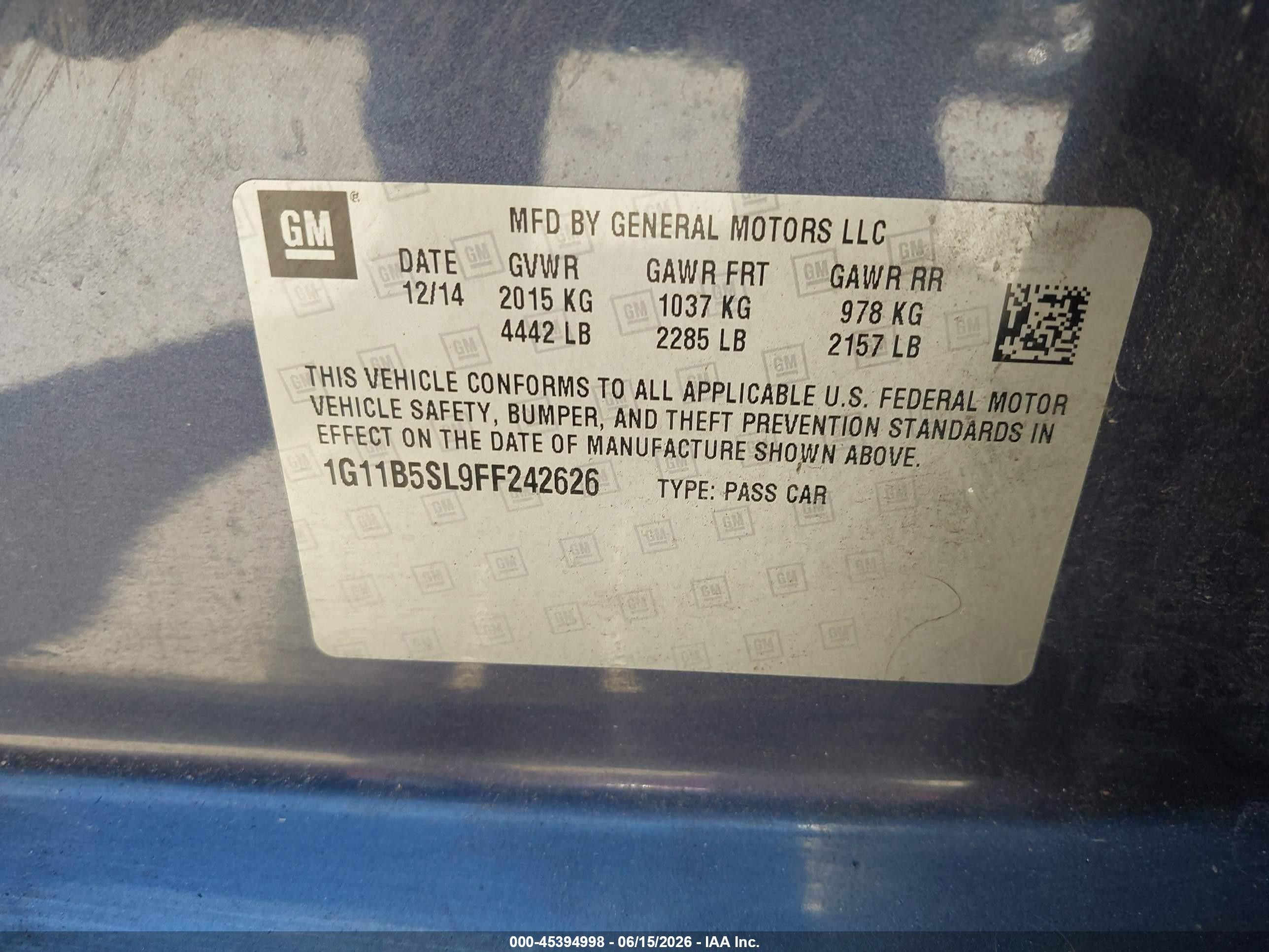 2015 Chevrolet Malibu Ls Синий vin: 1G11B5SL9FF242626