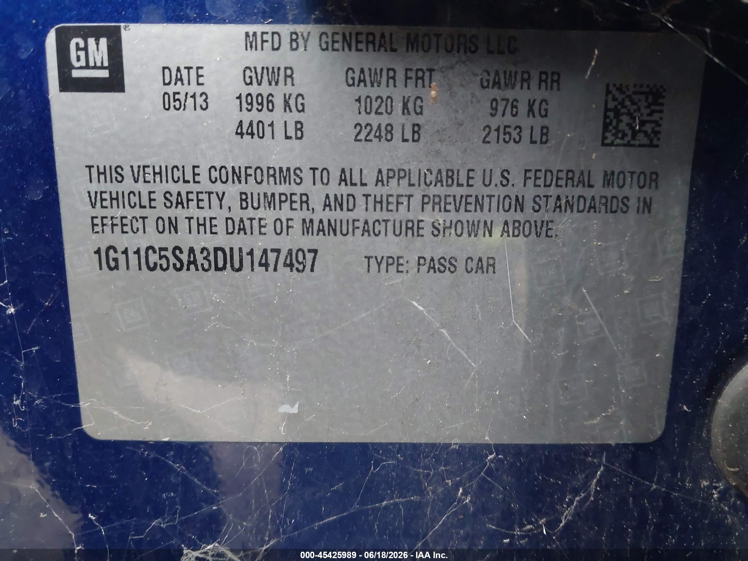 2013 Chevrolet Malibu 1lt Blue vin: 1G11C5SA3DU147497