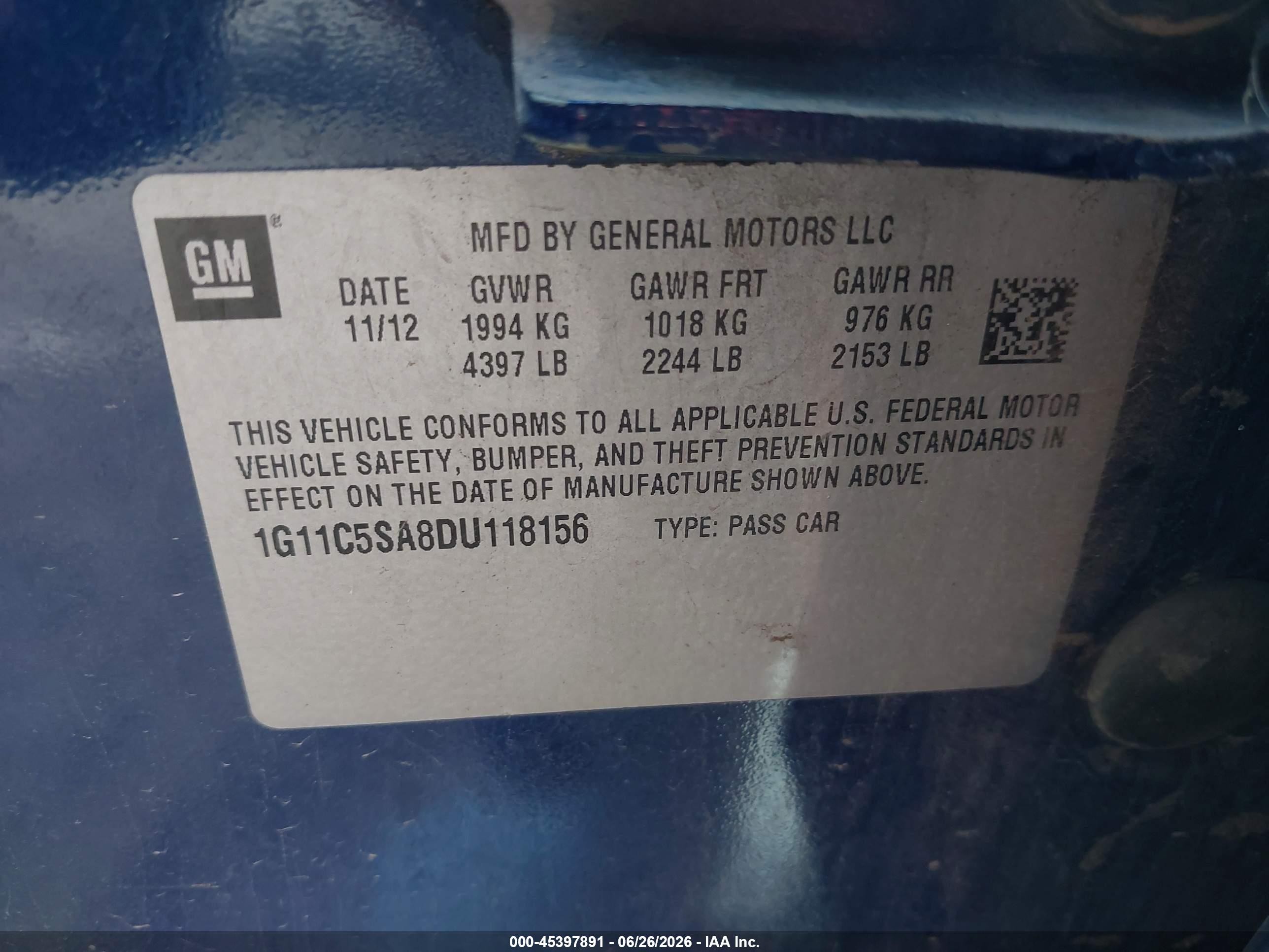 2013 Chevrolet Malibu 1lt Blue vin: 1G11C5SA8DU118156