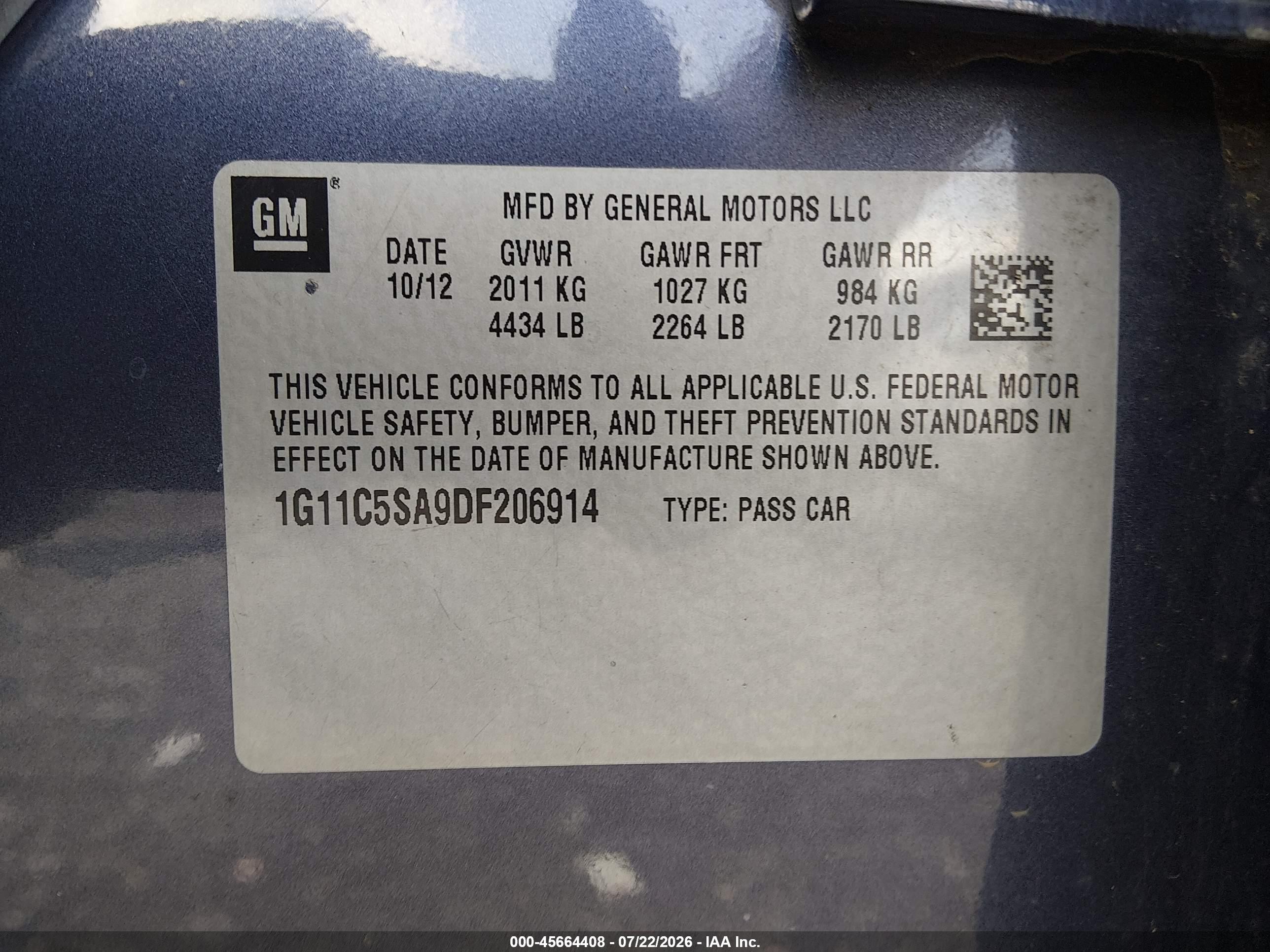2013 Chevrolet Malibu 1lt Blue vin: 1G11C5SA9DF206914