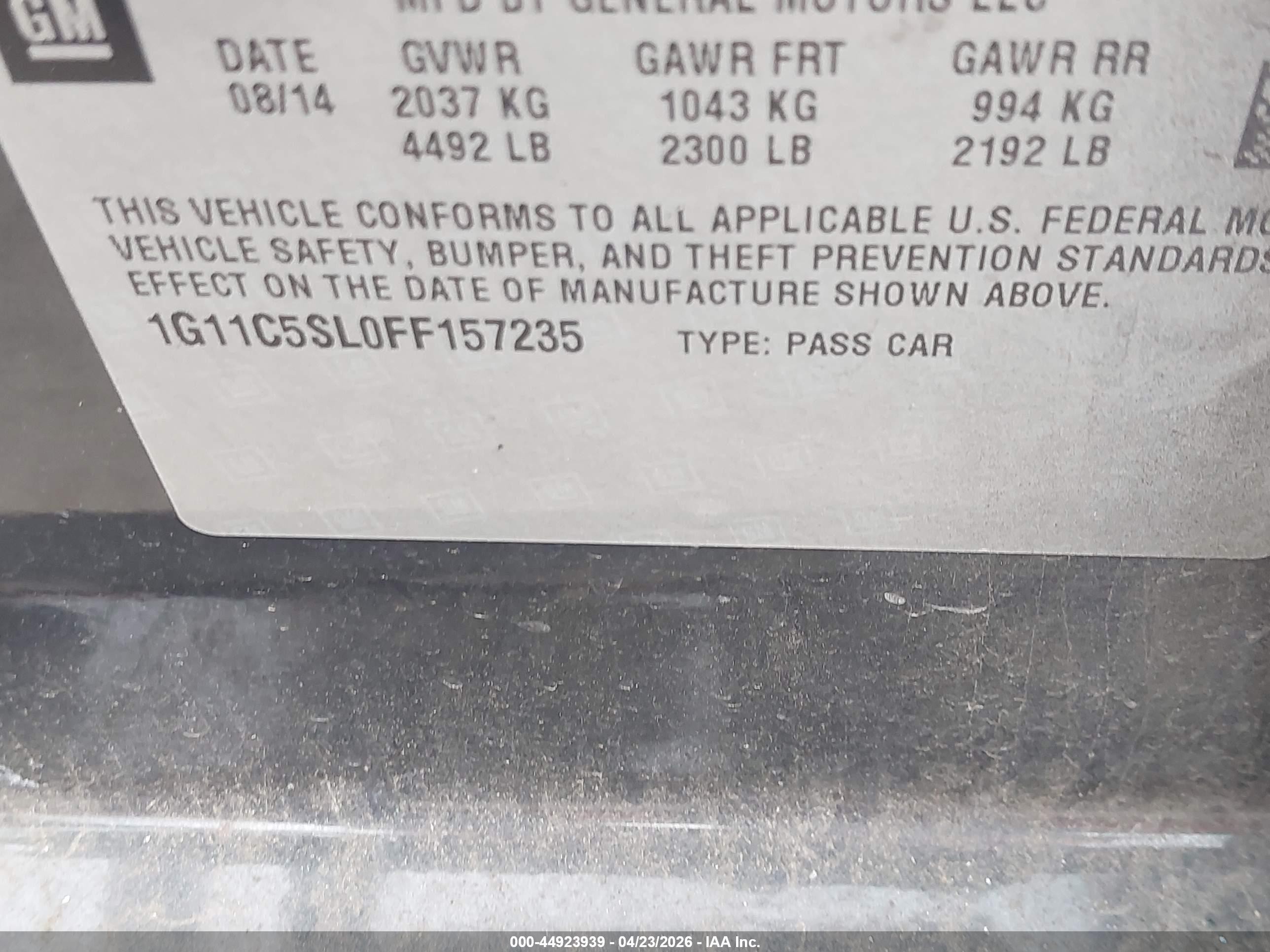 2015 Chevrolet Malibu 1lt Серый vin: 1G11C5SL0FF157235