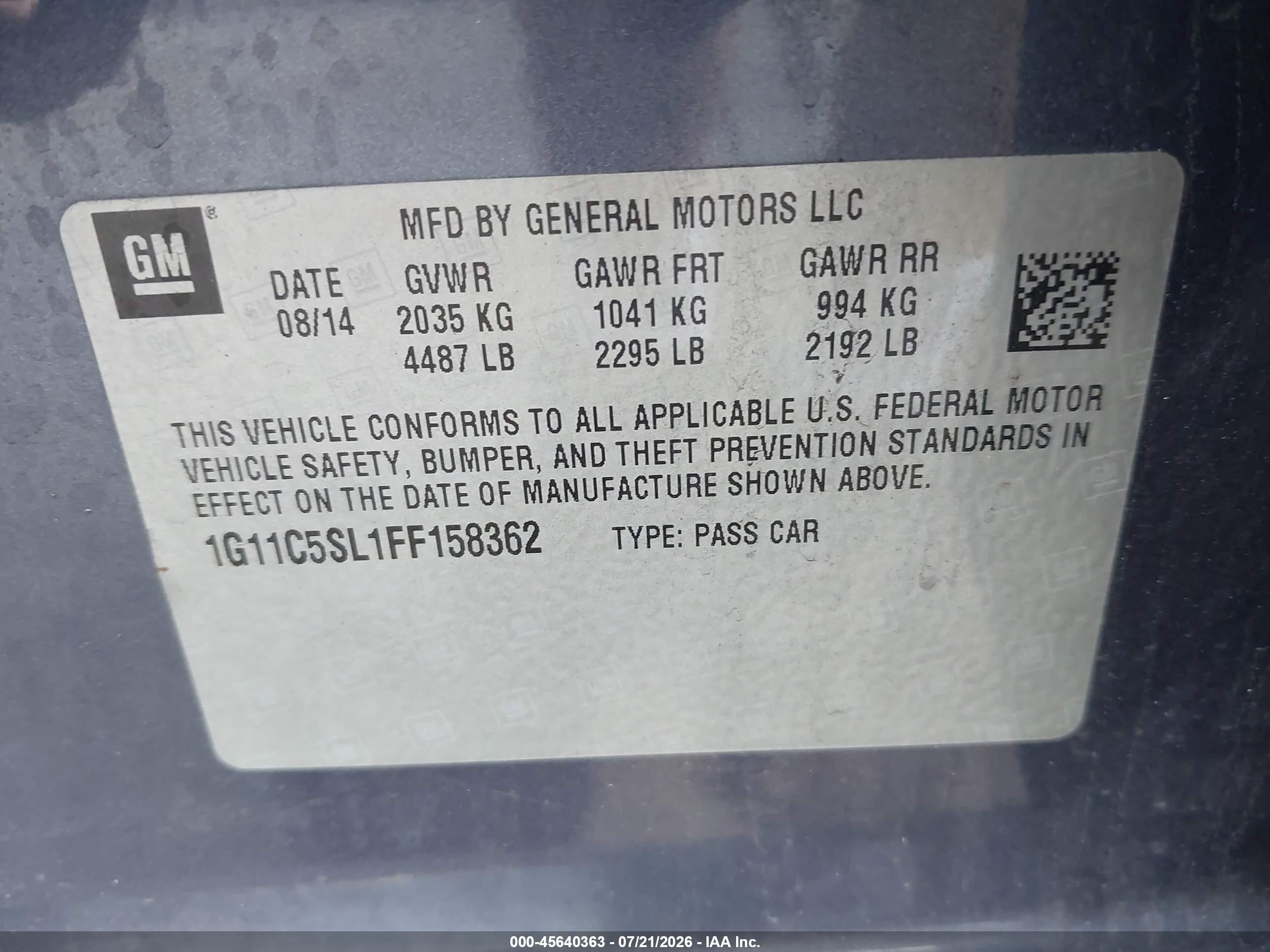 2015 Chevrolet Malibu 1lt Blue vin: 1G11C5SL1FF158362