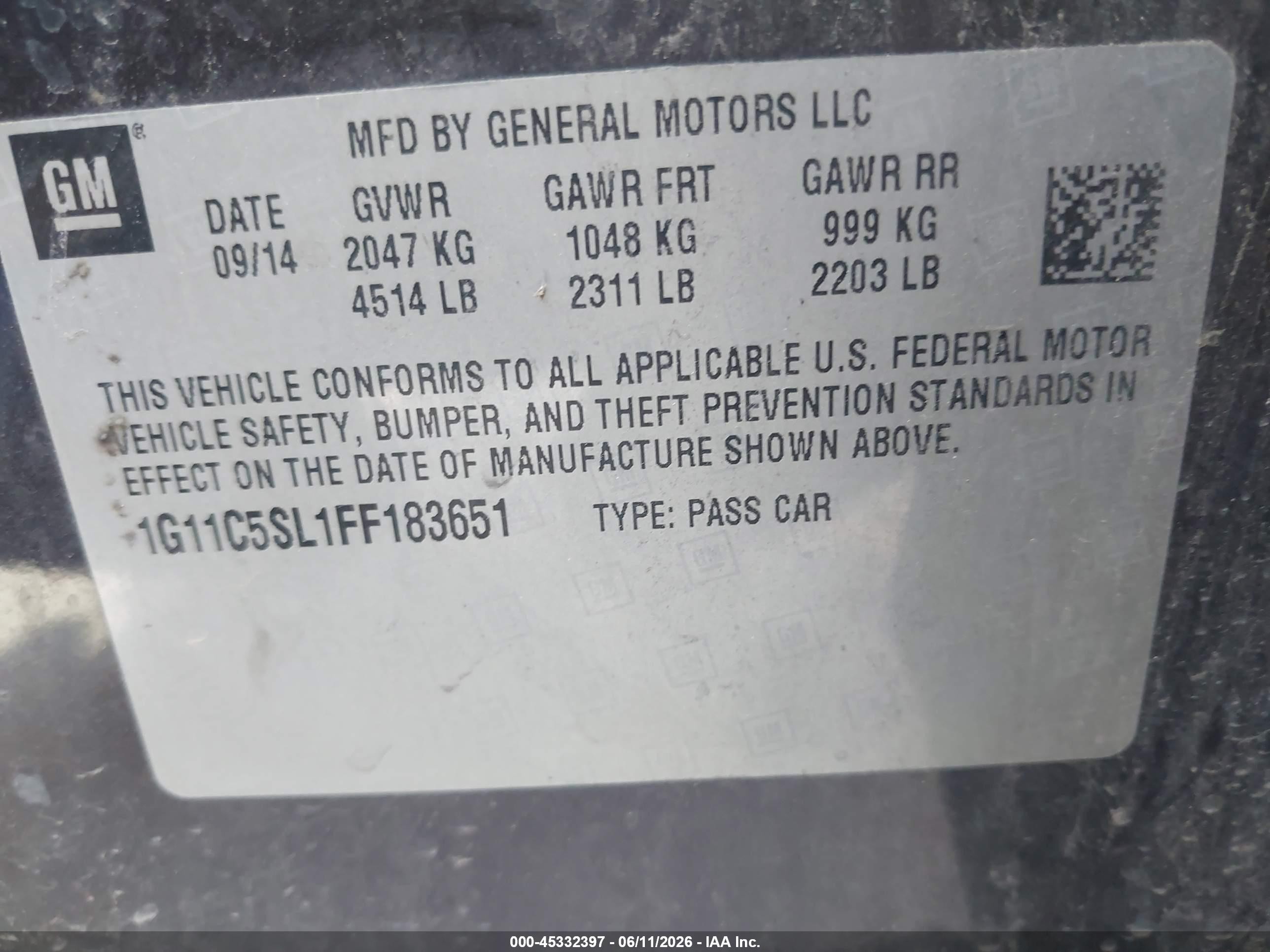2015 Chevrolet Malibu 1lt Black vin: 1G11C5SL1FF183651