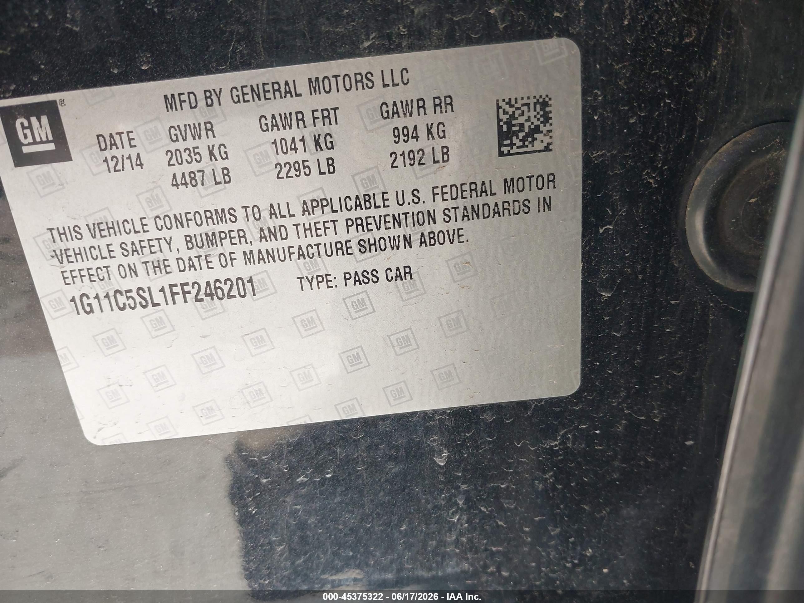 2015 Chevrolet Malibu 1lt Серый vin: 1G11C5SL1FF246201