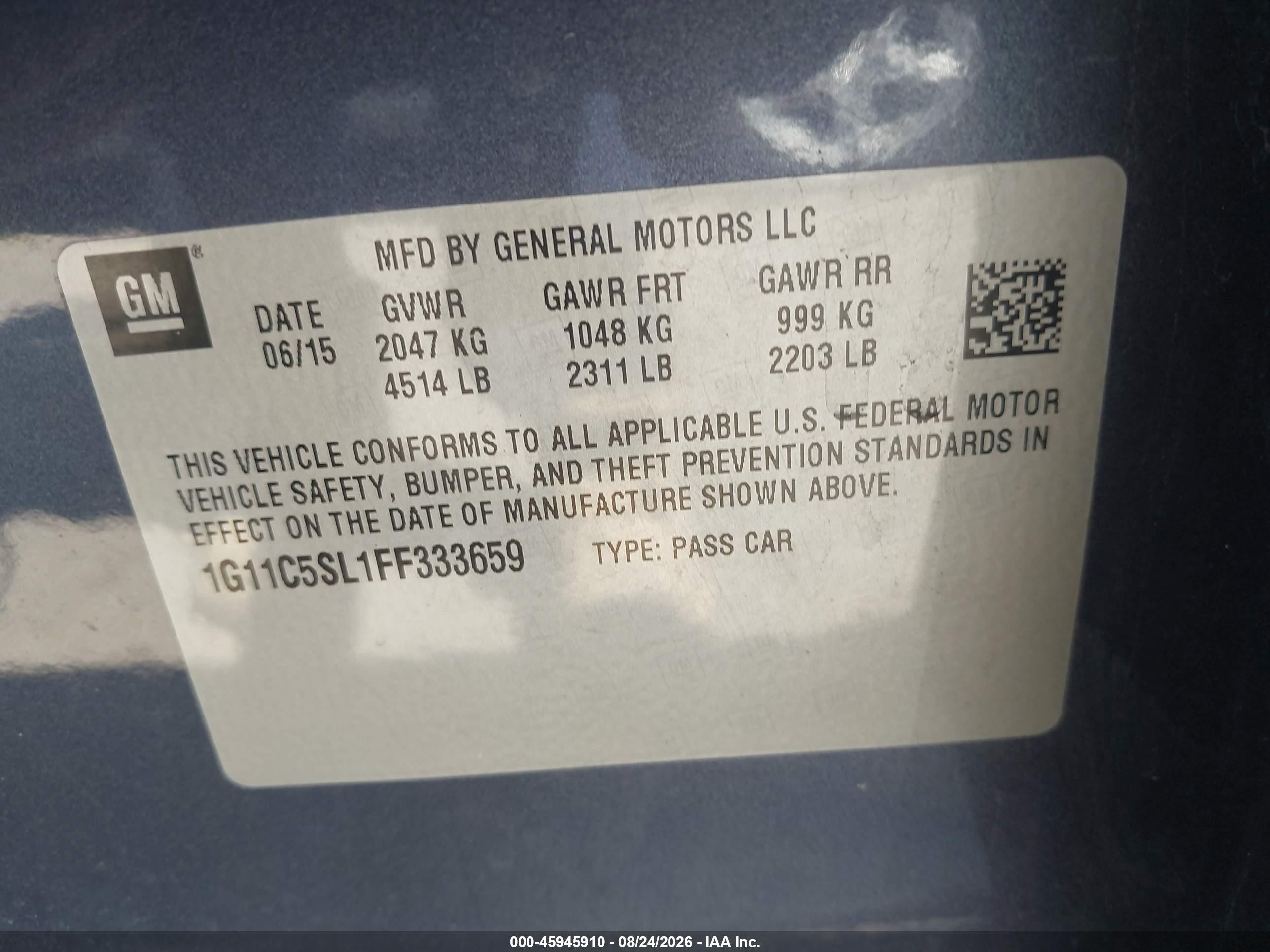 2015 Chevrolet Malibu 1lt Blue vin: 1G11C5SL1FF333659