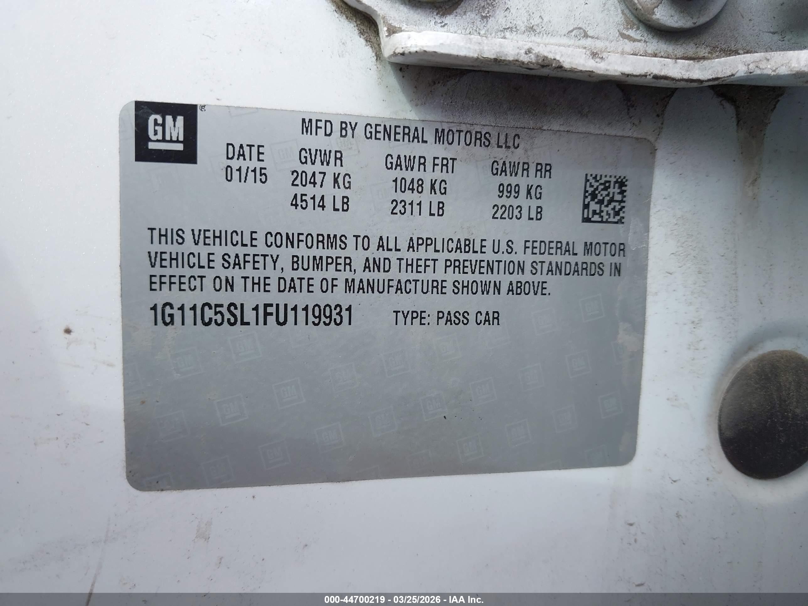 2015 Chevrolet Malibu 1lt Белый vin: 1G11C5SL1FU119931