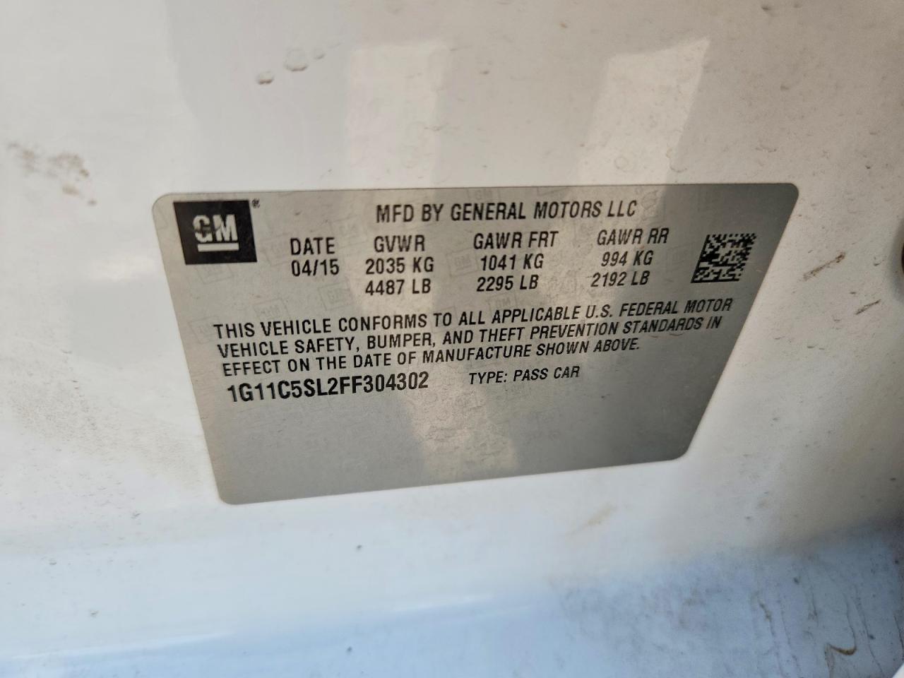 2015 Chevrolet Malibu 1lt Белый vin: 1G11C5SL2FF304302