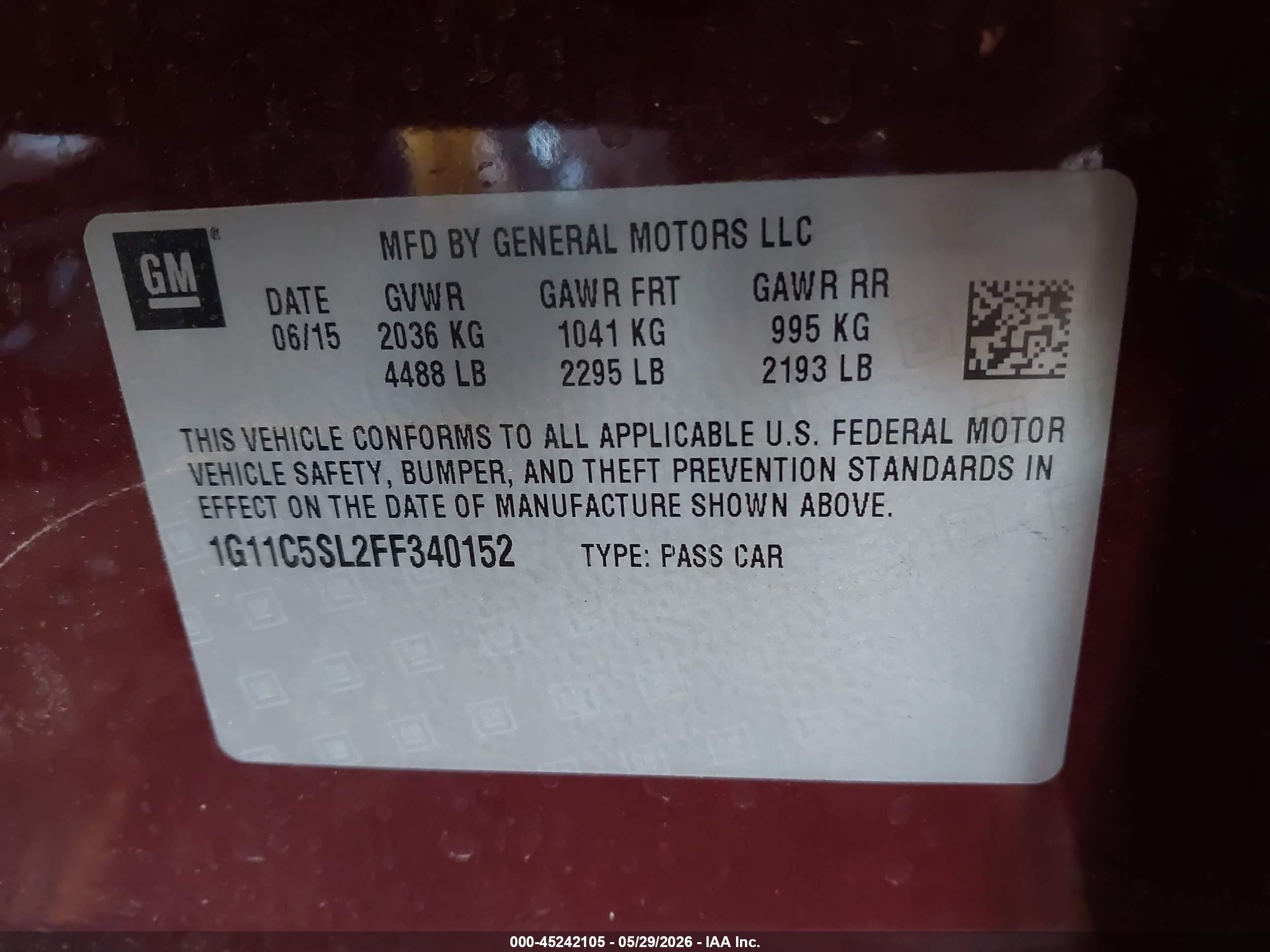 2015 Chevrolet Malibu 1lt Красный vin: 1G11C5SL2FF340152