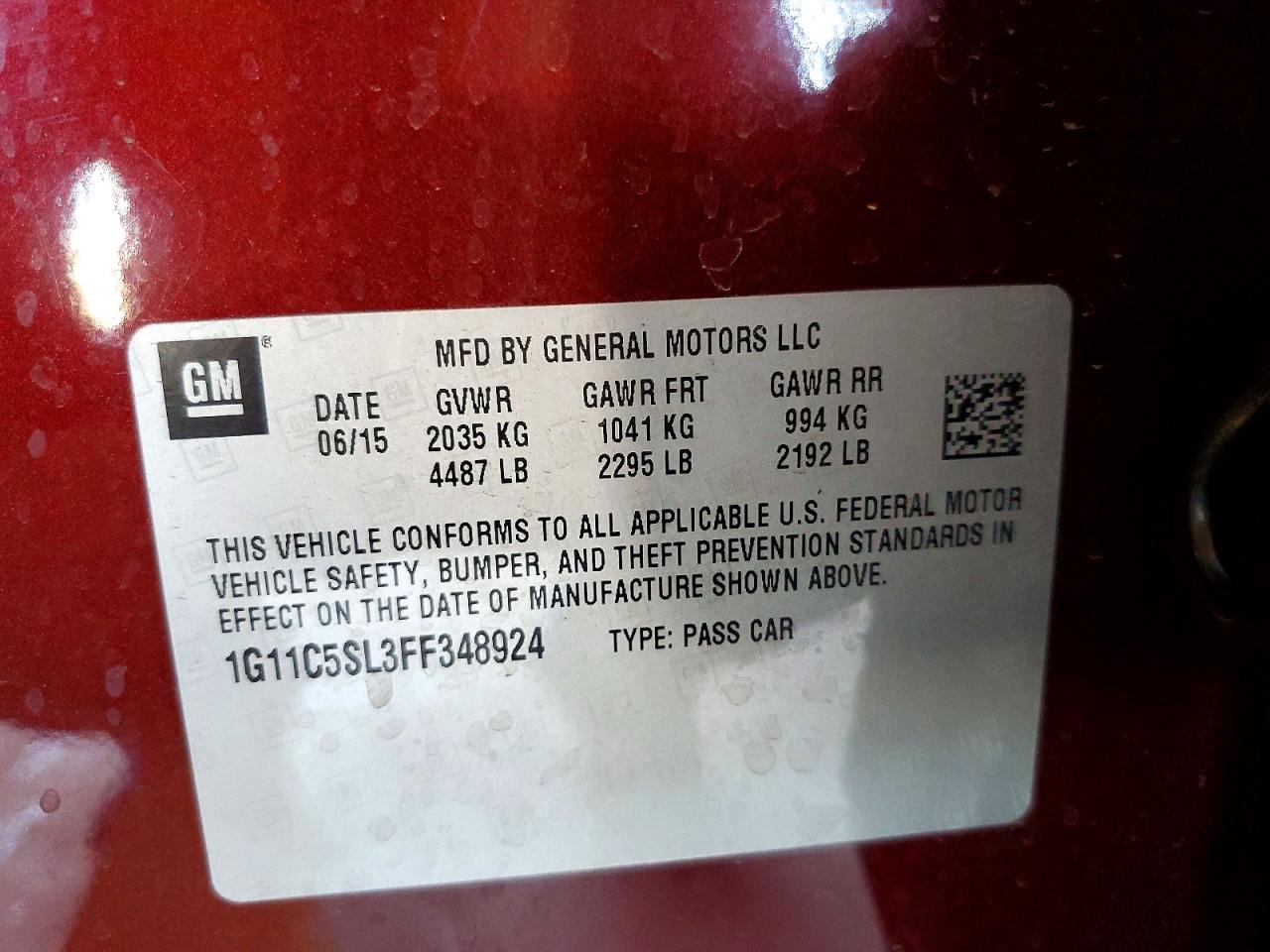 2015 Chevrolet Malibu 1lt Красный vin: 1G11C5SL3FF348924
