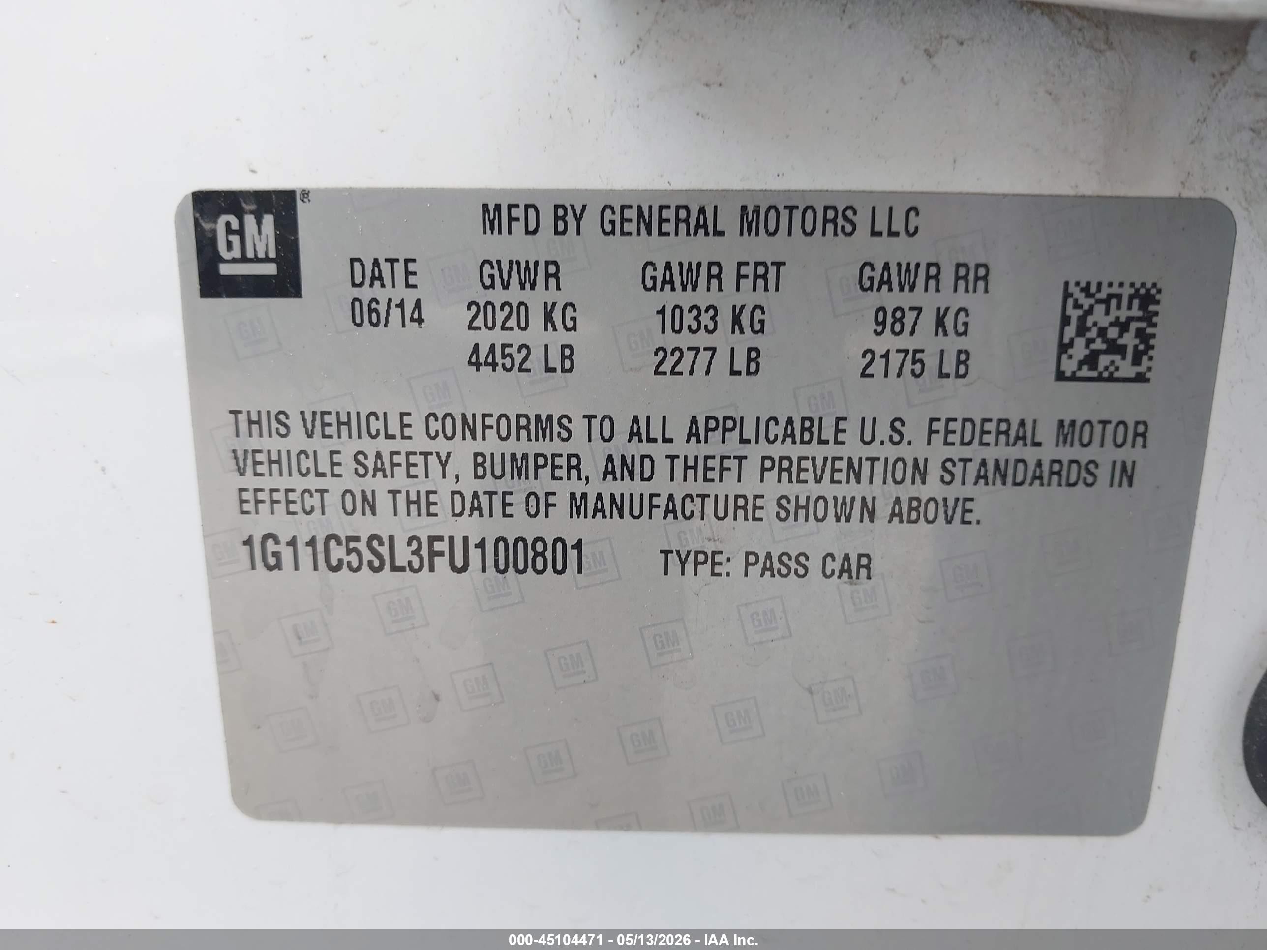 2015 Chevrolet Malibu 1lt Белый vin: 1G11C5SL3FU100801