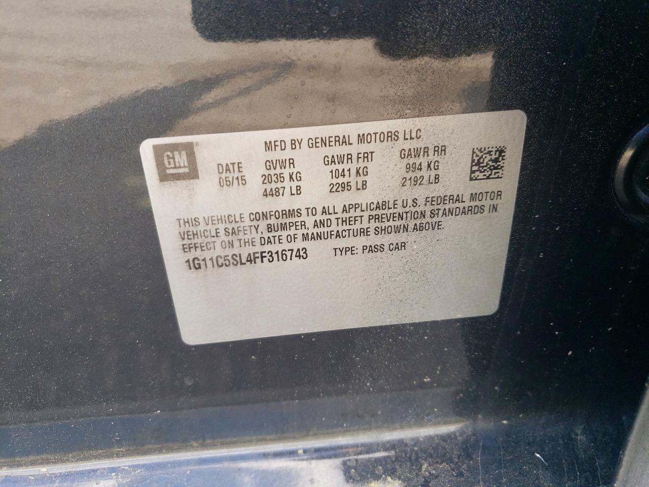 2015 Chevrolet Malibu 1lt Серый vin: 1G11C5SL4FF316743