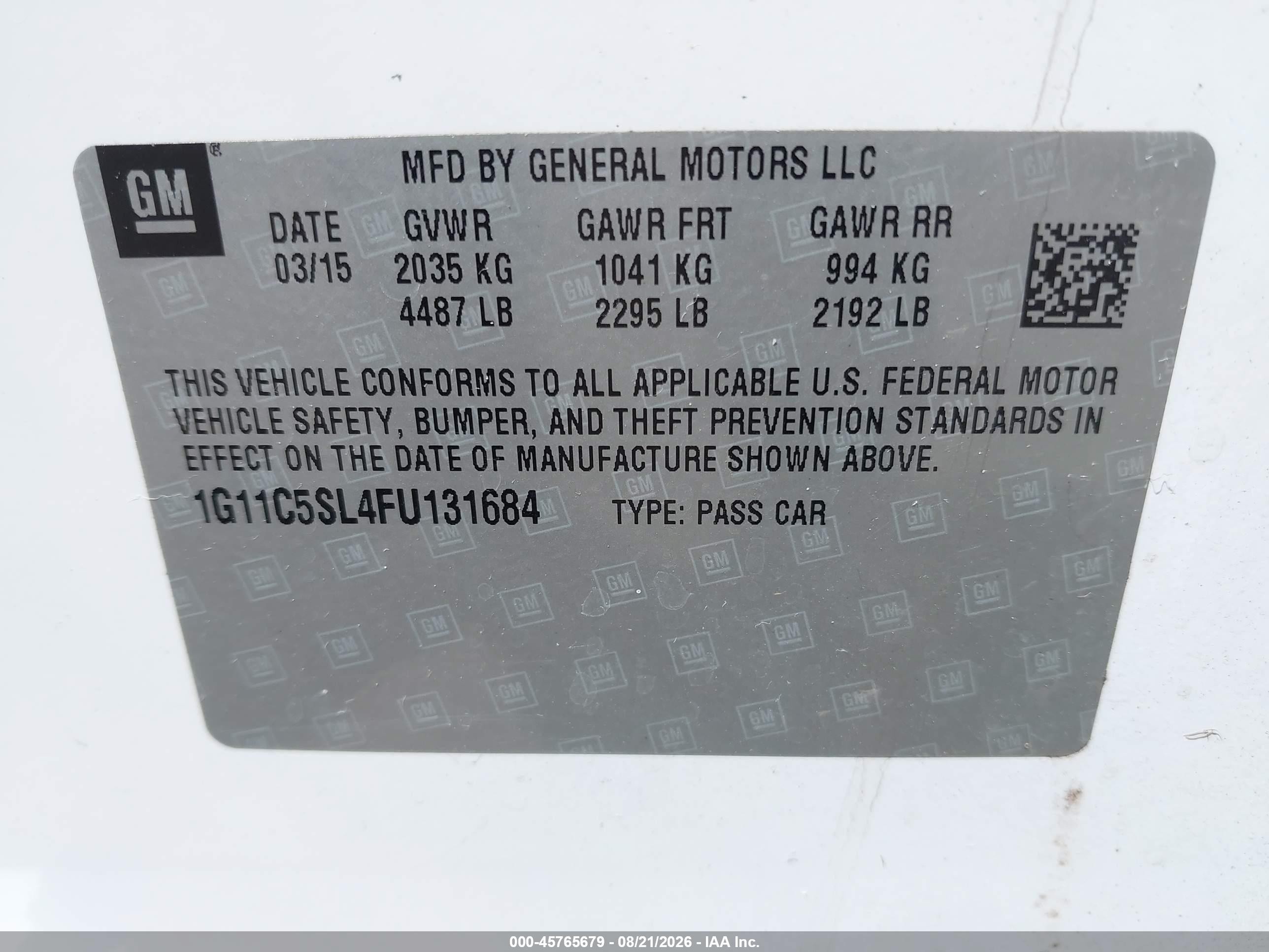 2015 Chevrolet Malibu 1lt Белый vin: 1G11C5SL4FU131684