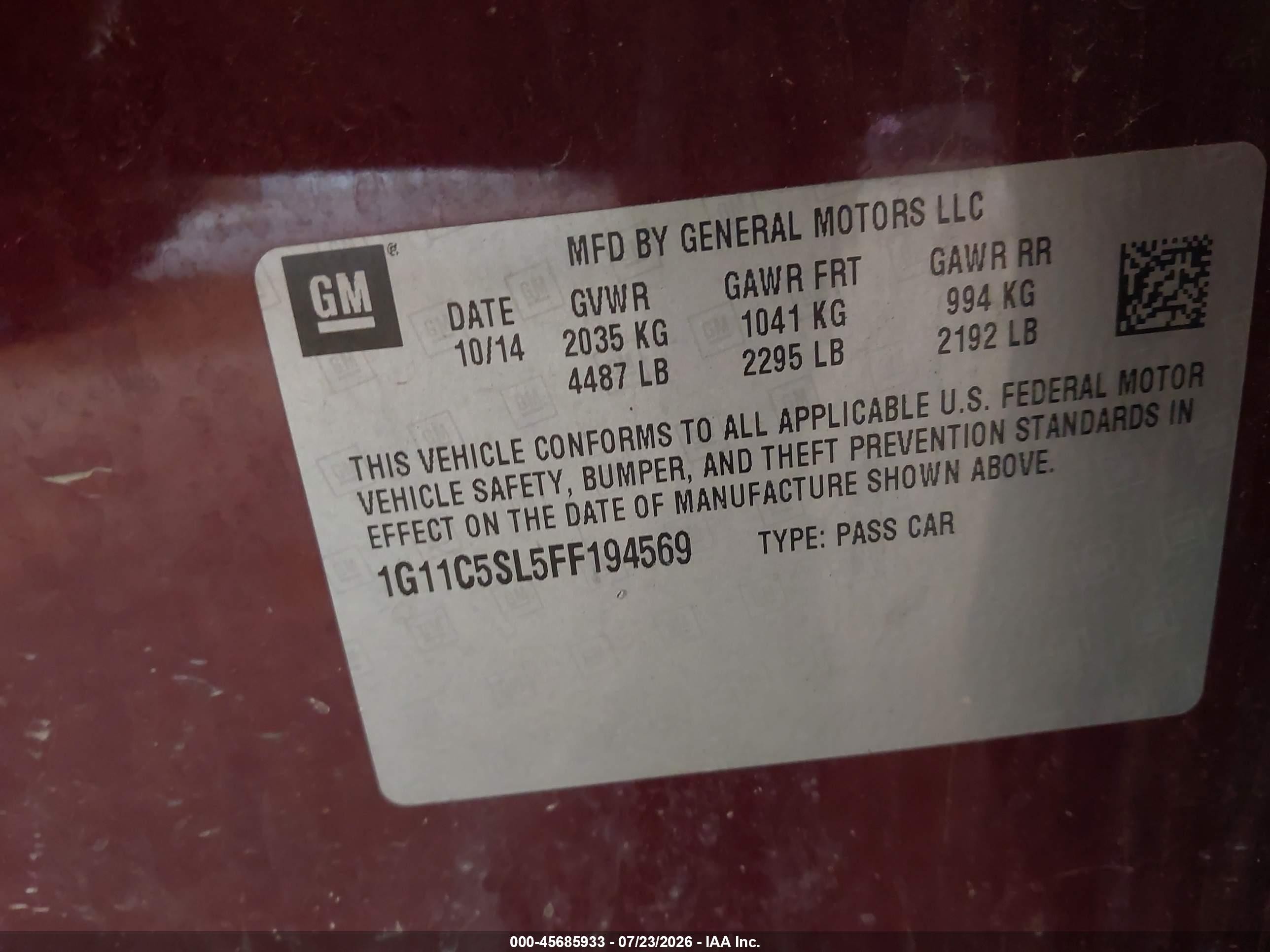 2015 Chevrolet Malibu 1lt Бордовый vin: 1G11C5SL5FF194569