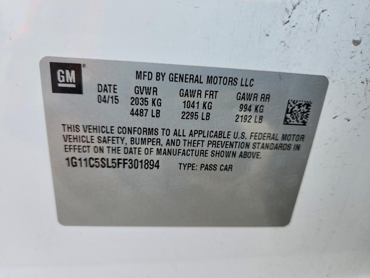 2015 Chevrolet Malibu 1lt White vin: 1G11C5SL5FF301894
