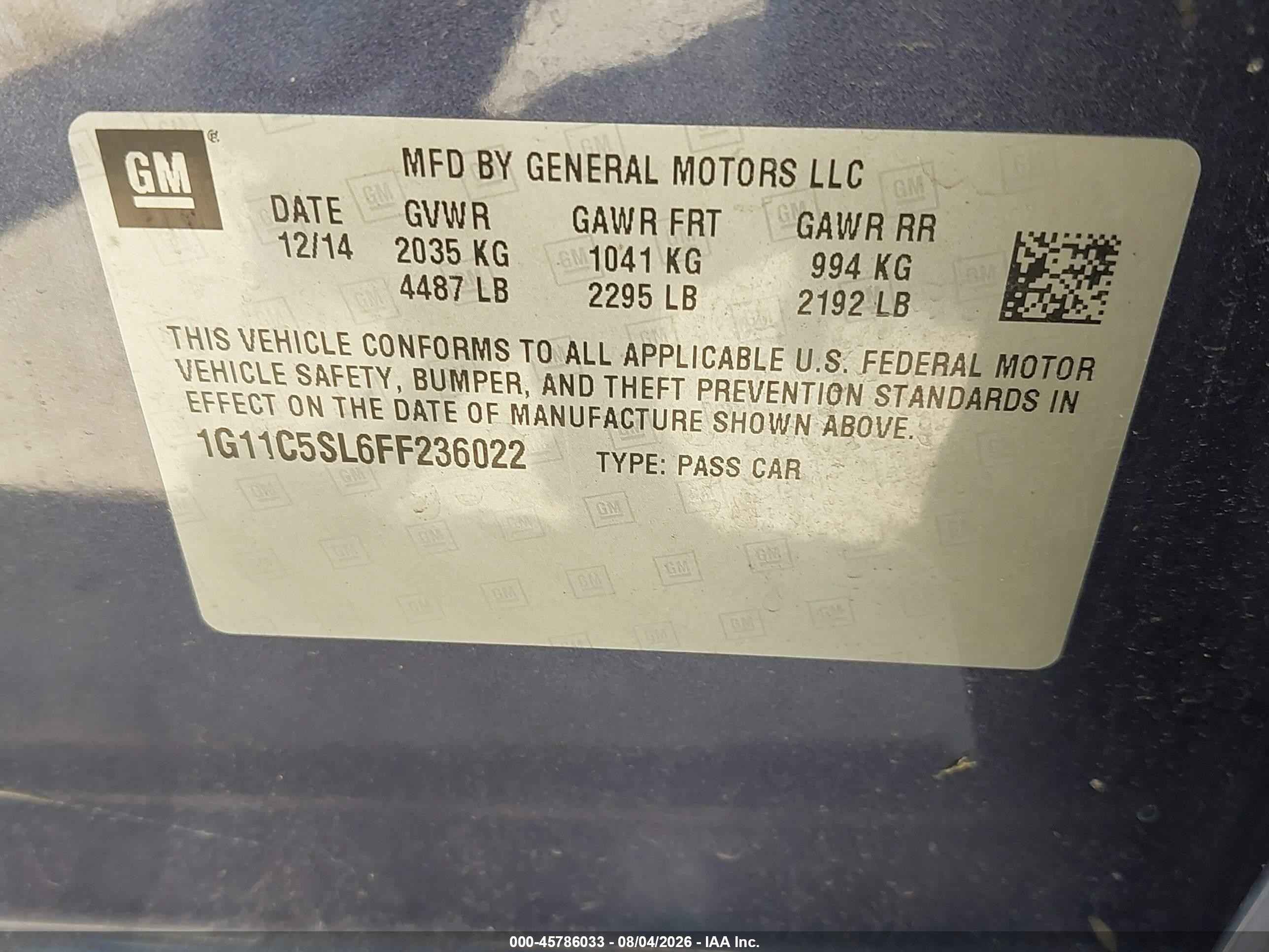 2015 Chevrolet Malibu 1lt Blue vin: 1G11C5SL6FF236022