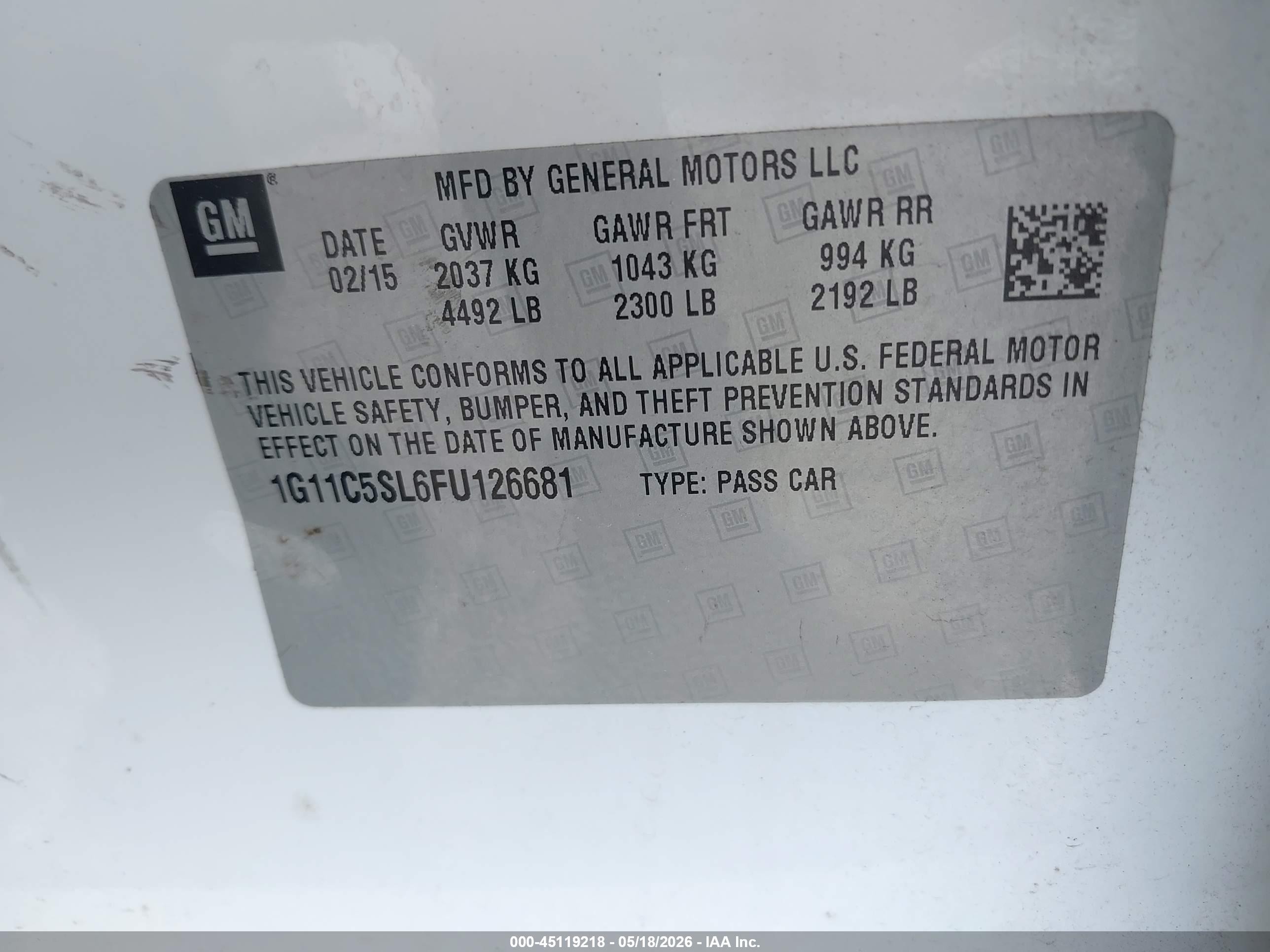 2015 Chevrolet Malibu 1lt White vin: 1G11C5SL6FU126681