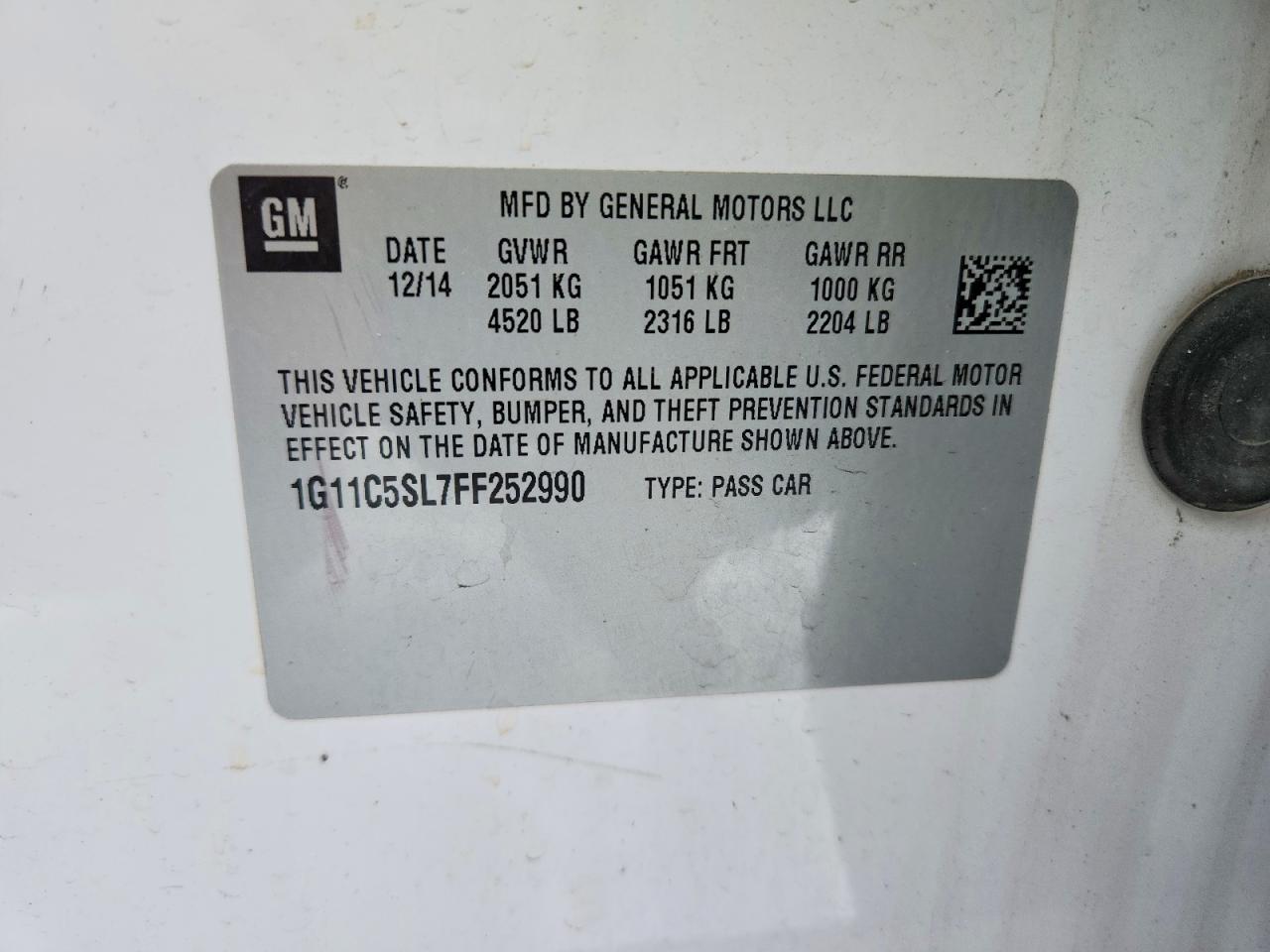 2015 Chevrolet Malibu 1lt Белый vin: 1G11C5SL7FF252990