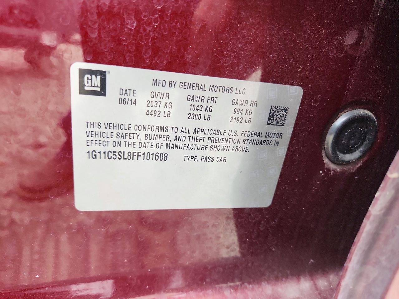 2015 Chevrolet Malibu 1lt Темно-бордовый vin: 1G11C5SL8FF101608