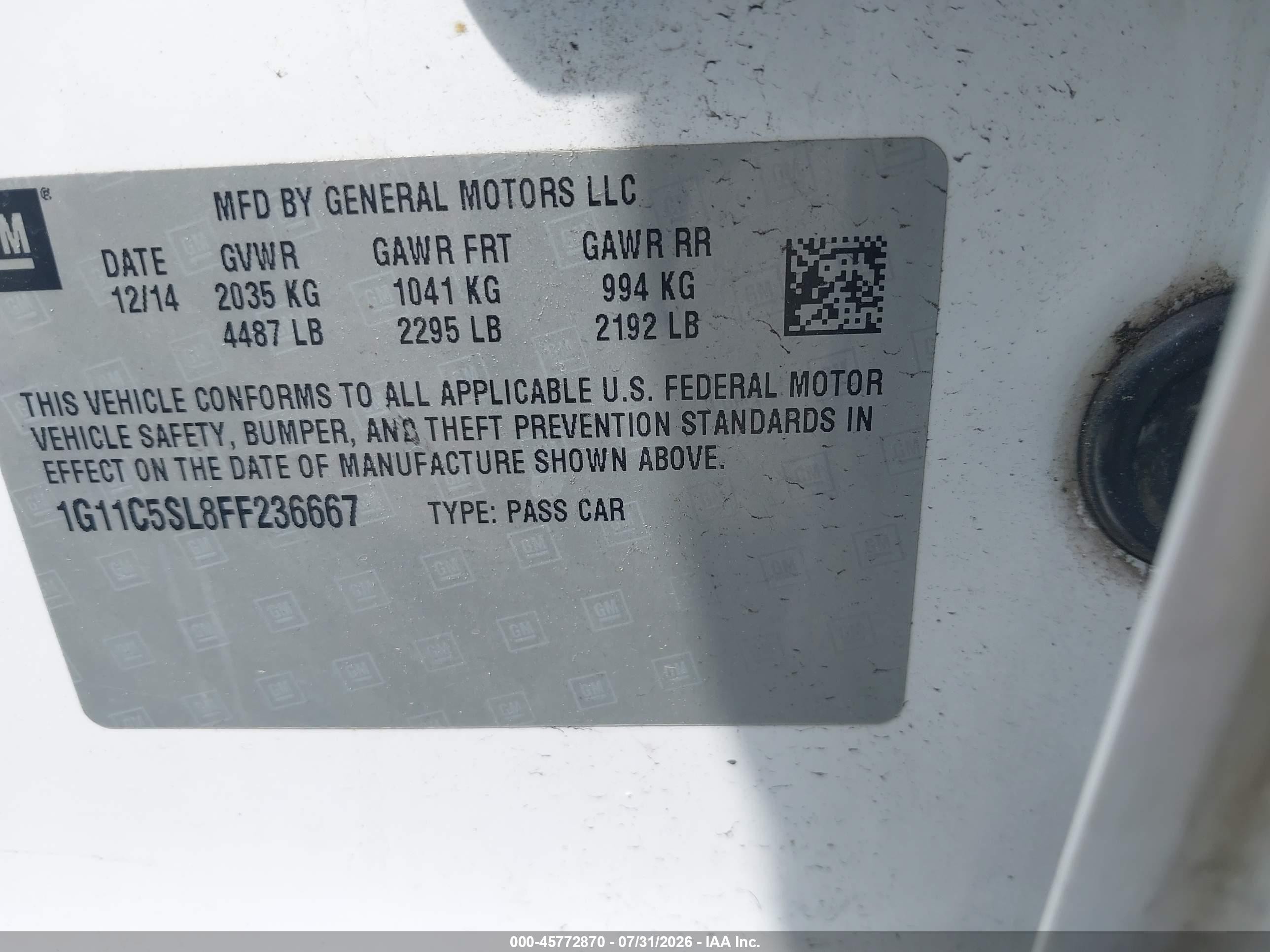 2015 Chevrolet Malibu 1lt Белый vin: 1G11C5SL8FF236667
