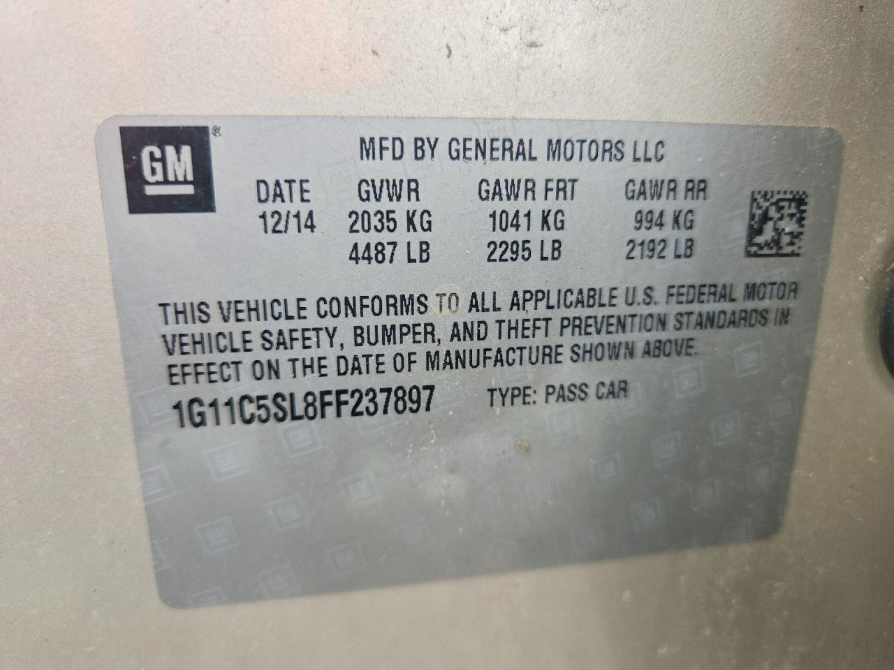 2015 Chevrolet Malibu 1lt Кремовый vin: 1G11C5SL8FF237897