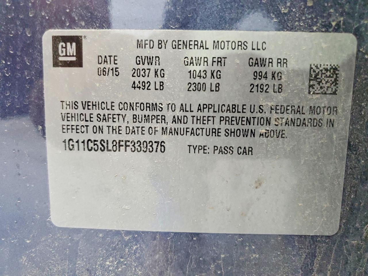 2015 Chevrolet Malibu 1lt Blue vin: 1G11C5SL8FF339376