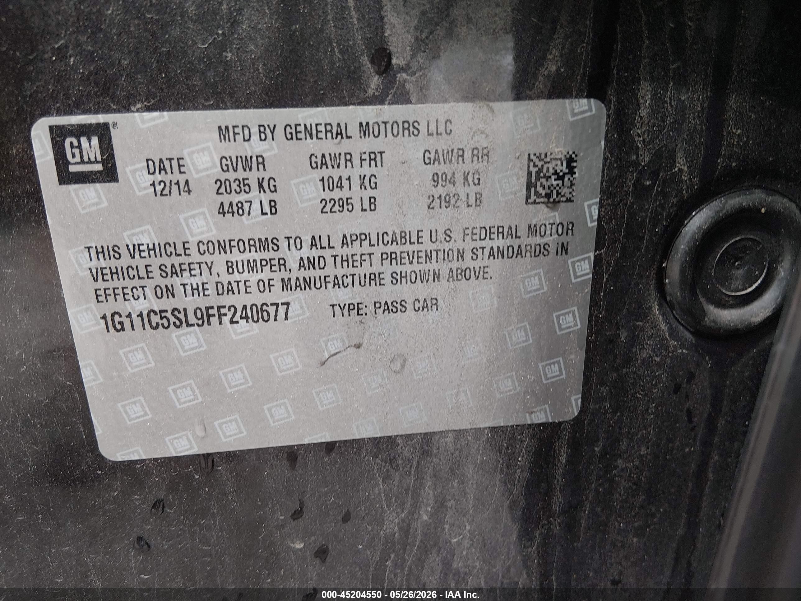 2015 Chevrolet Malibu 1lt Серый vin: 1G11C5SL9FF240677