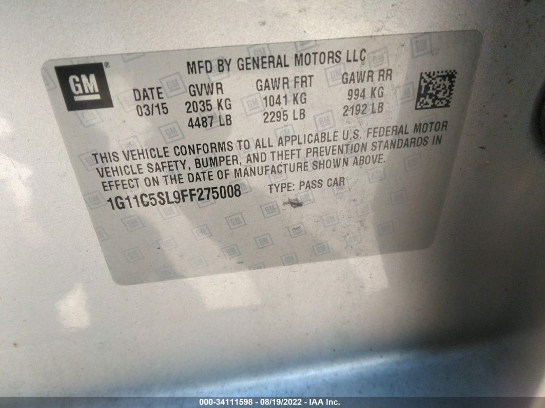 2015 Chevrolet Malibu Lt Silver vin: 1G11C5SL9FF275008