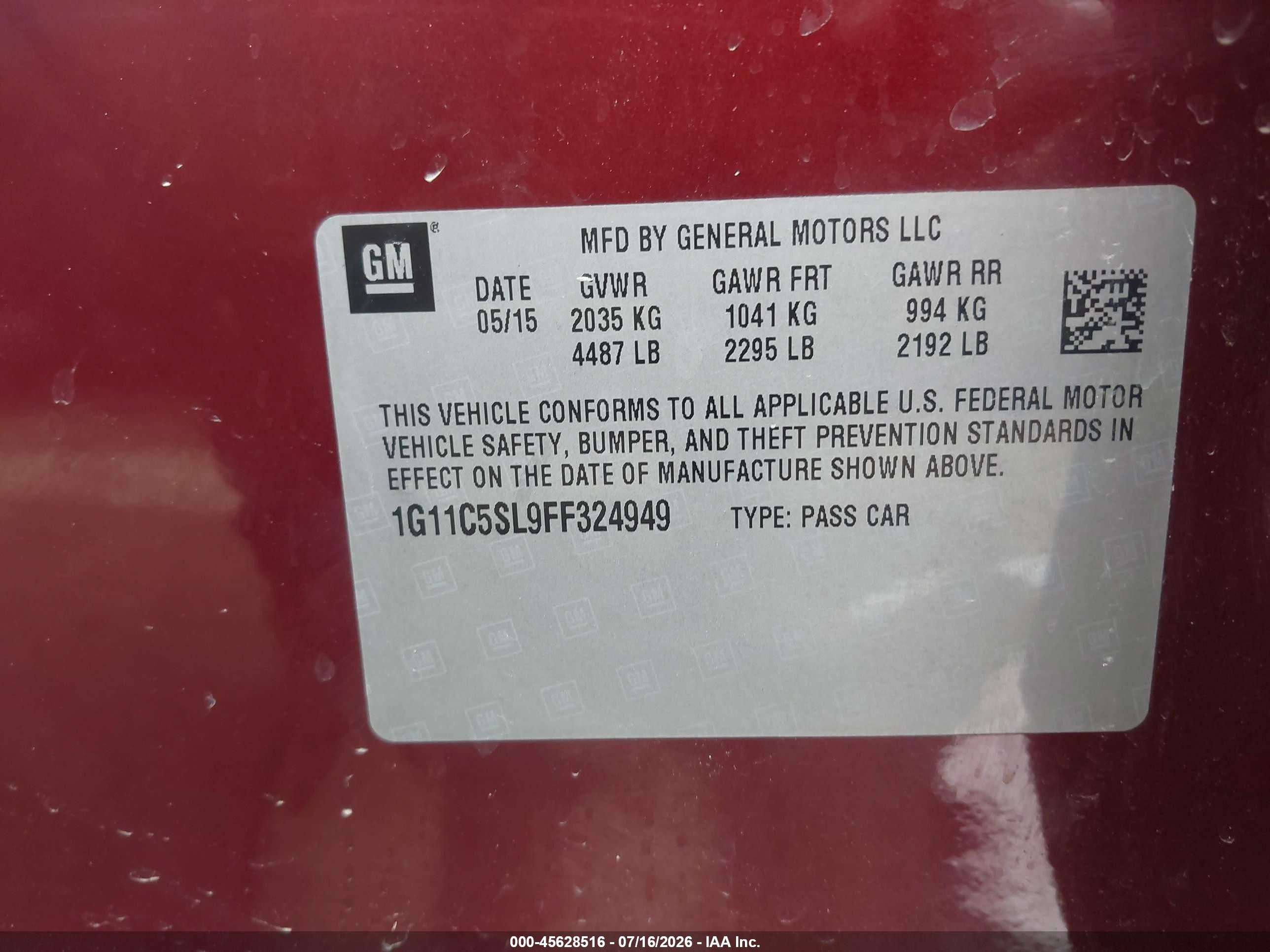 2015 Chevrolet Malibu 1lt Burgundy vin: 1G11C5SL9FF324949