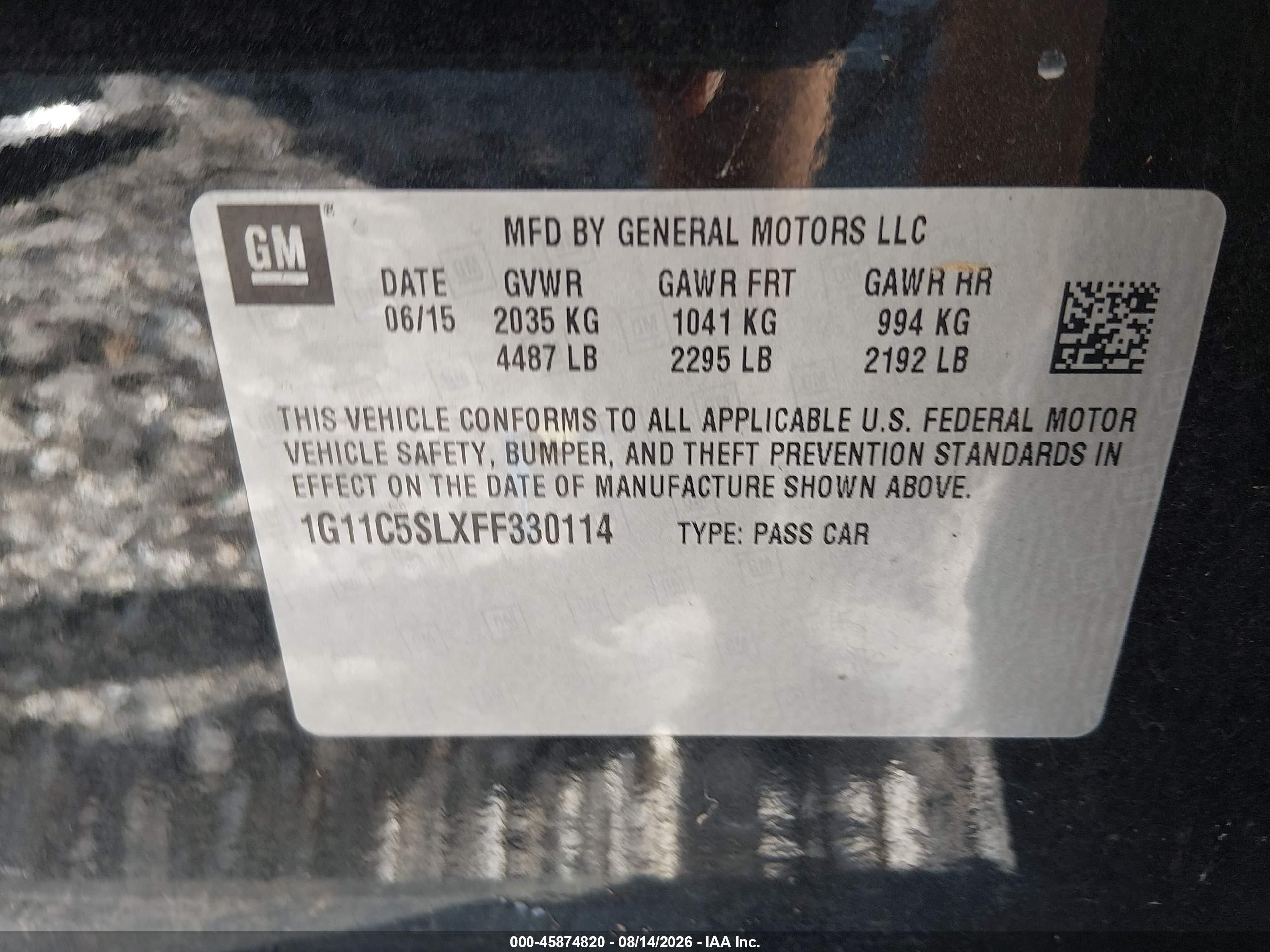 2015 Chevrolet Malibu 1lt Черный vin: 1G11C5SLXFF330114