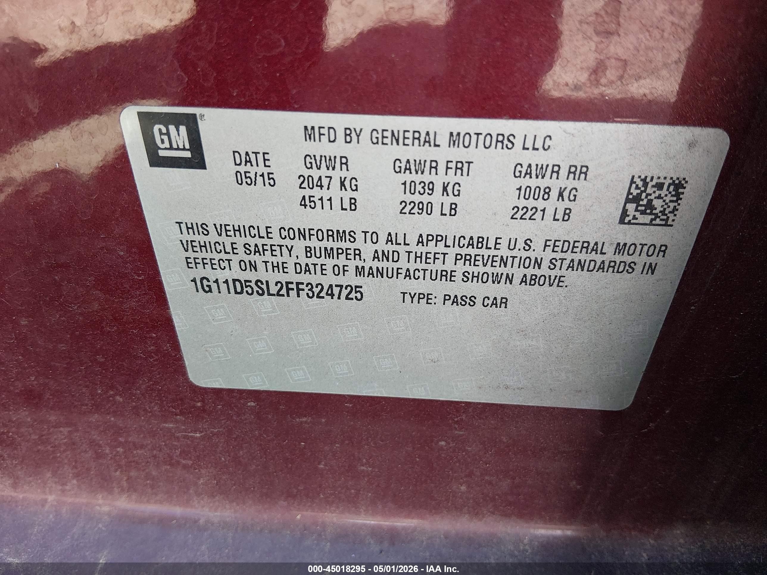 2015 Chevrolet Malibu 2lt Бордовый vin: 1G11D5SL2FF324725