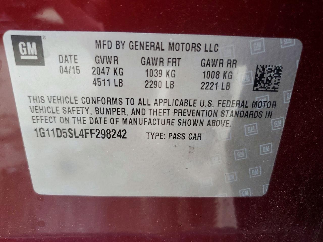 2015 Chevrolet Malibu 2lt Burgundy vin: 1G11D5SL4FF298242