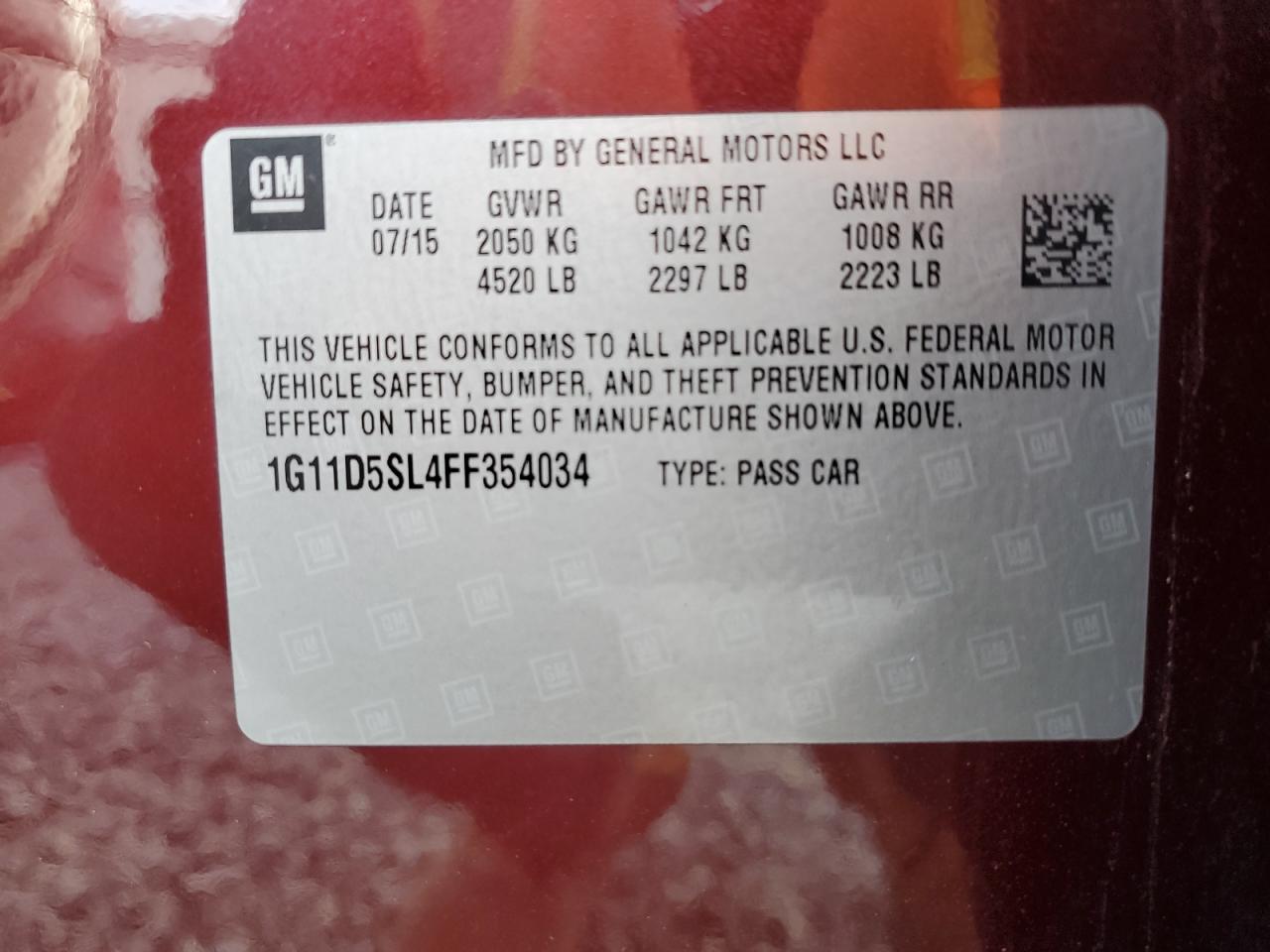 2015 Chev Malibu 2lt Burgundy vin: 1G11D5SL4FF354034
